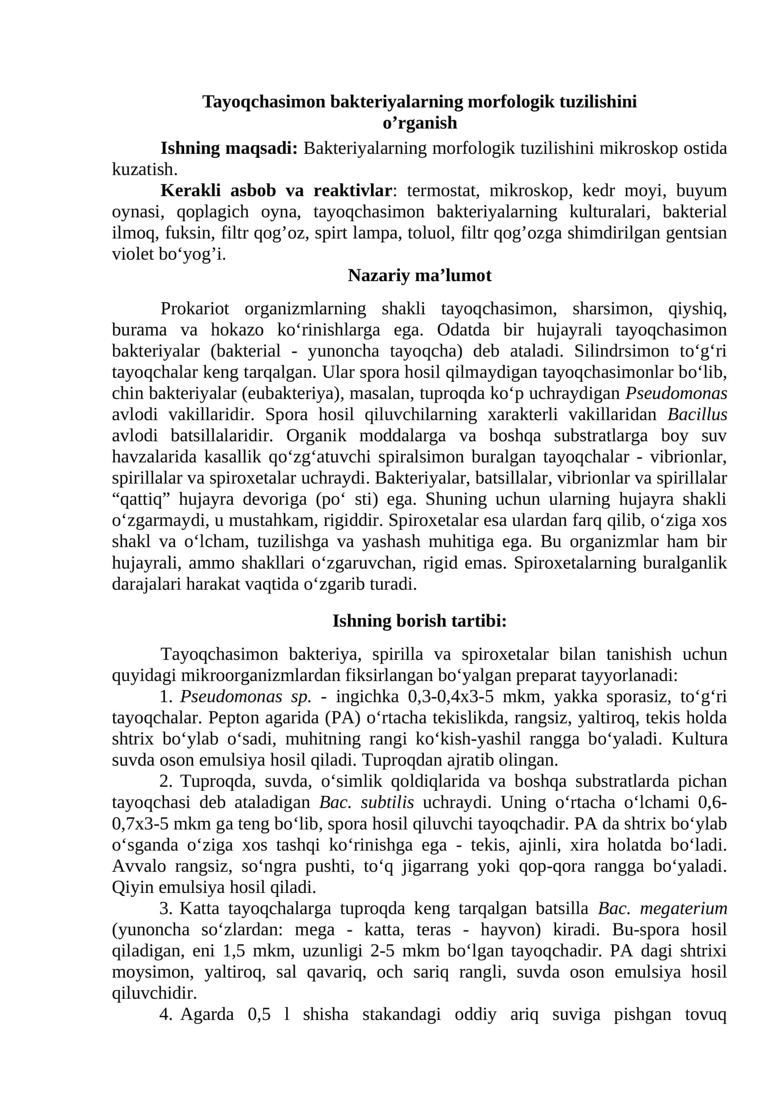 Tayoqchasimon bakteriyalarning morfologik tuzilishini o’rganish 1