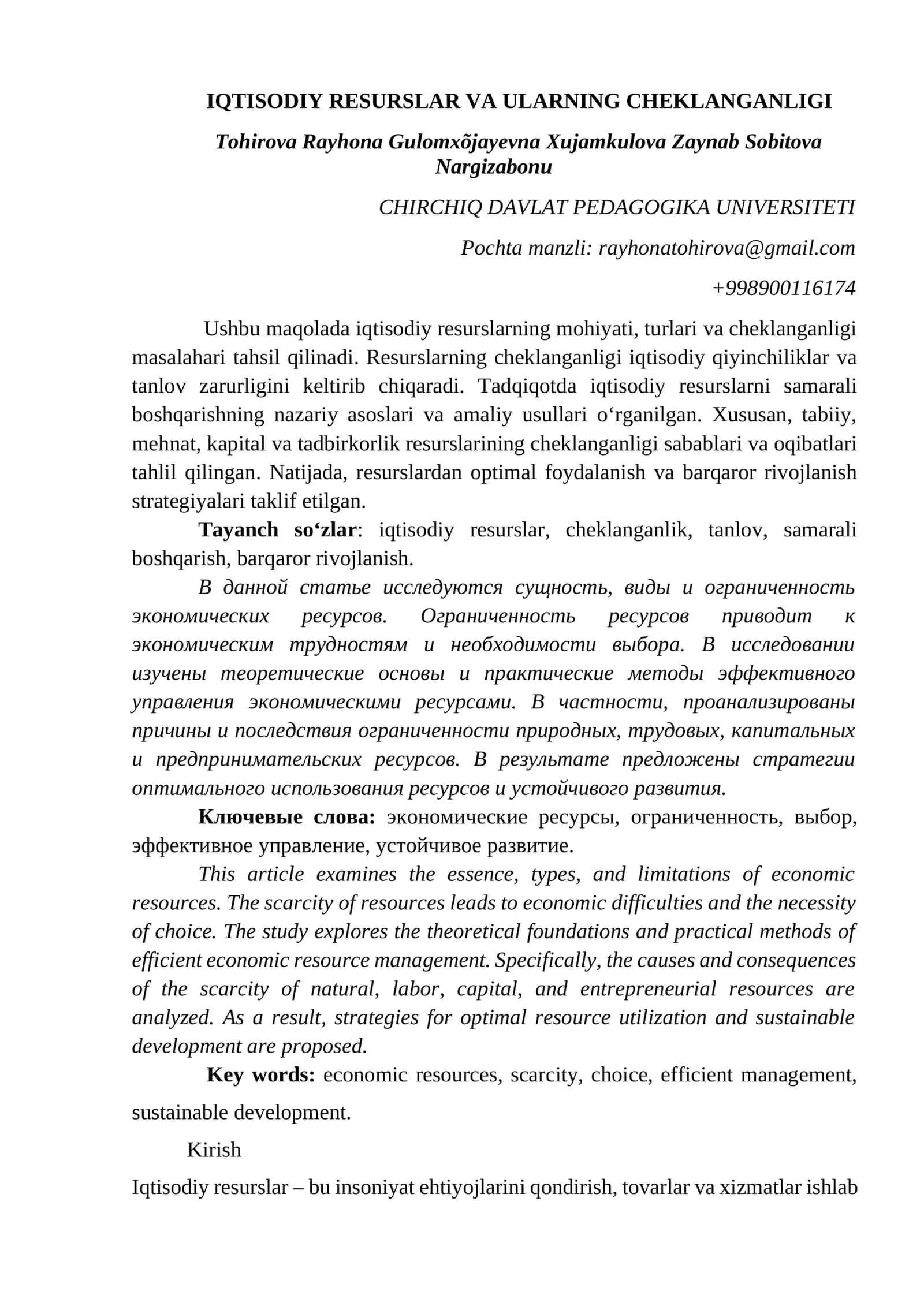 IQTISODIY RESURSLAR VA ULARNING CHEKLANGANLIGI 1