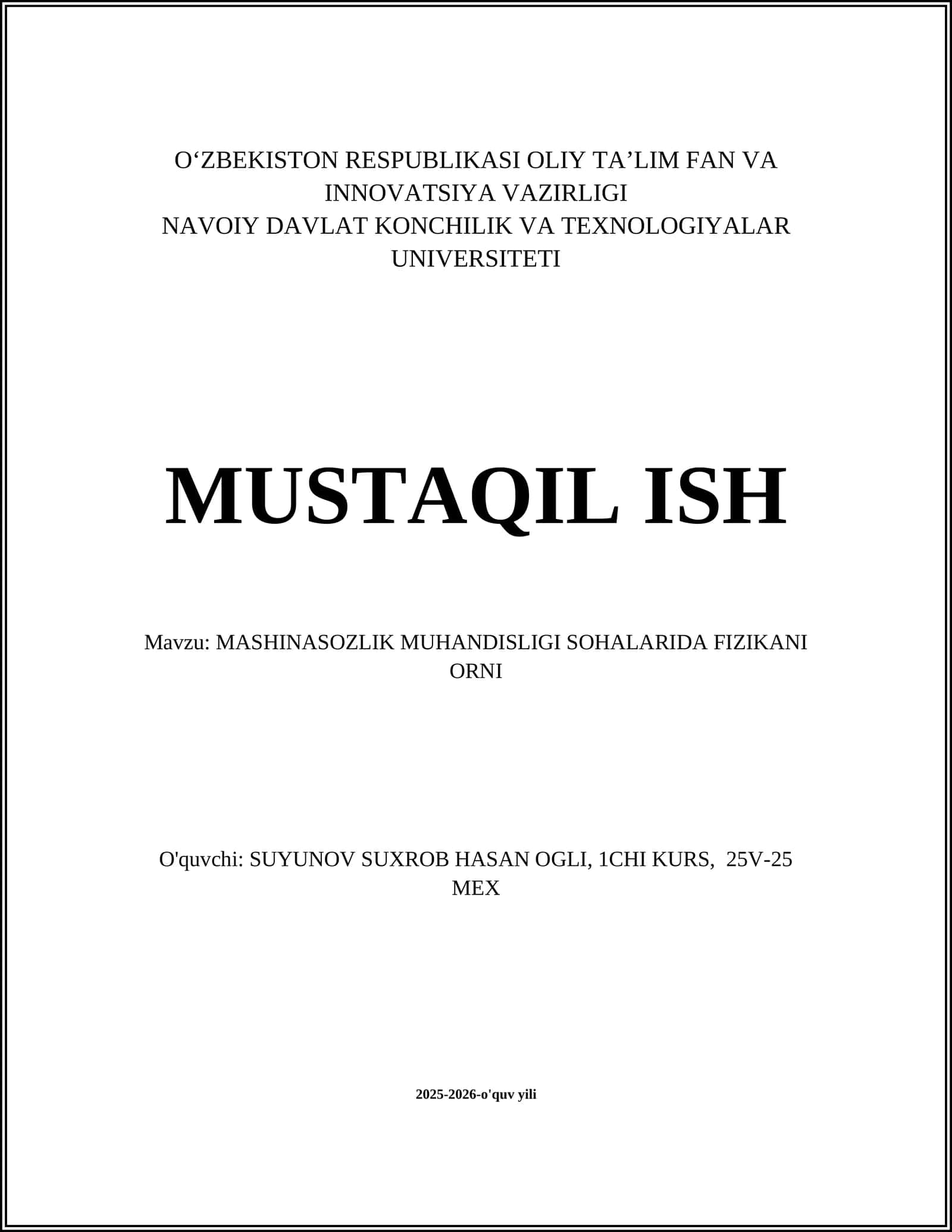 MASHINASOZLIK MUHANDISLIGI SOHALARIDA FIZIKANI ORNI 1