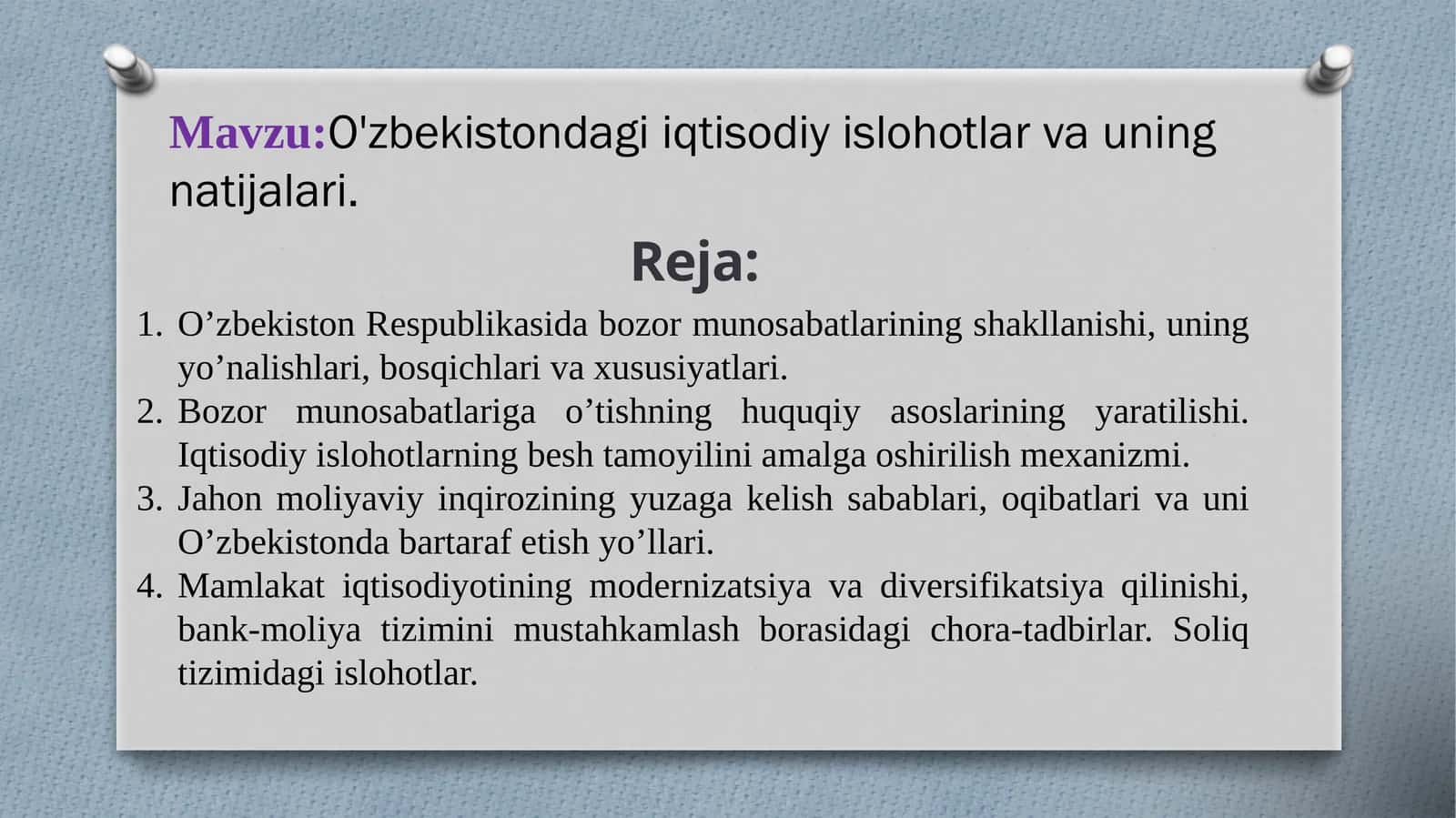 O'zbekistondagi iqtisodiy islohotlar va urning natijalari 1