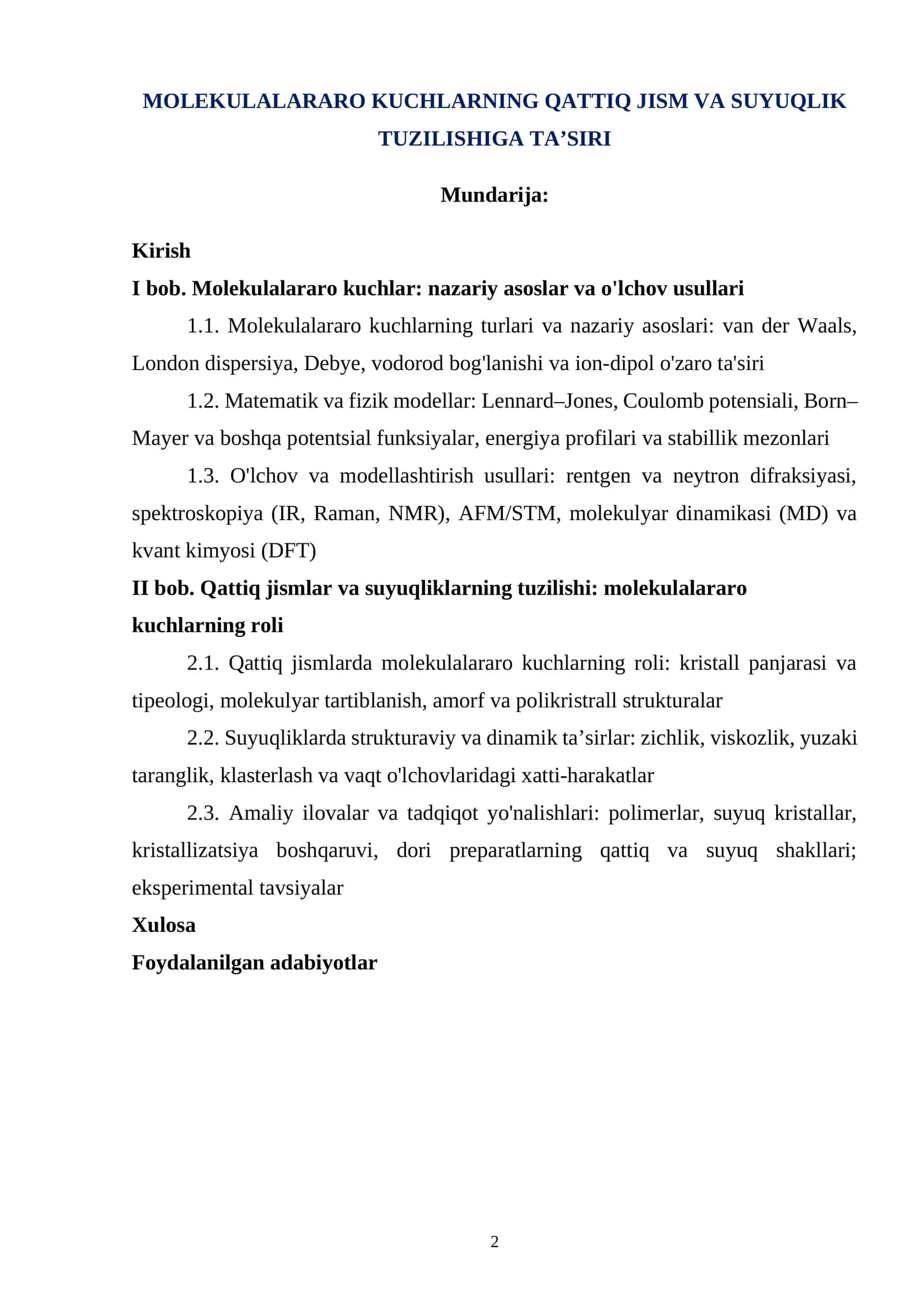 MOLEKULALARARO KUCHLARNING QATTIQ JISM VA SUYUQLIK TUZILISHIGA TA’SIRI 1