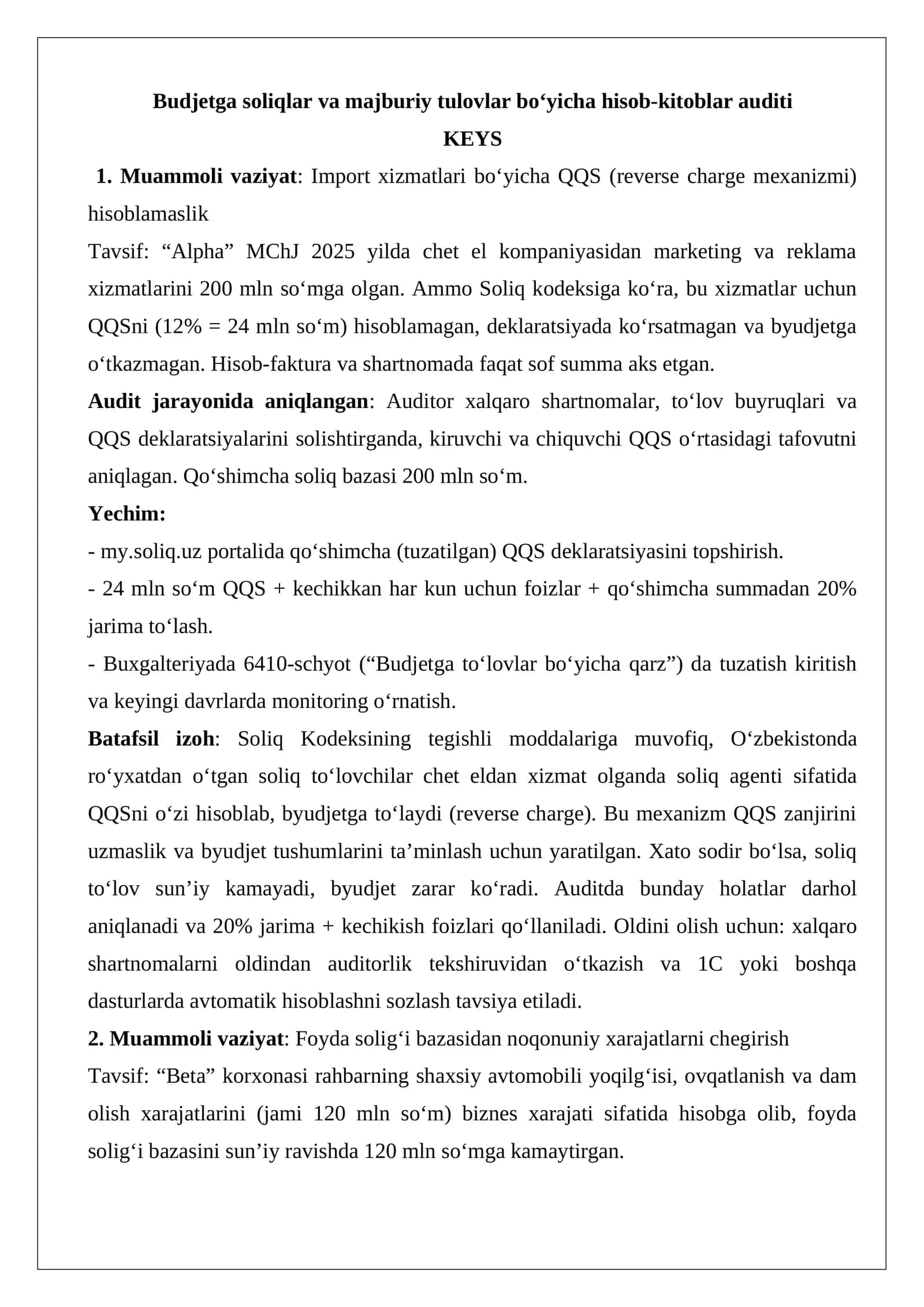 Budjetga soliqlar va majburiy tulovlar bo‘yicha hisob-kitoblar auditi 1