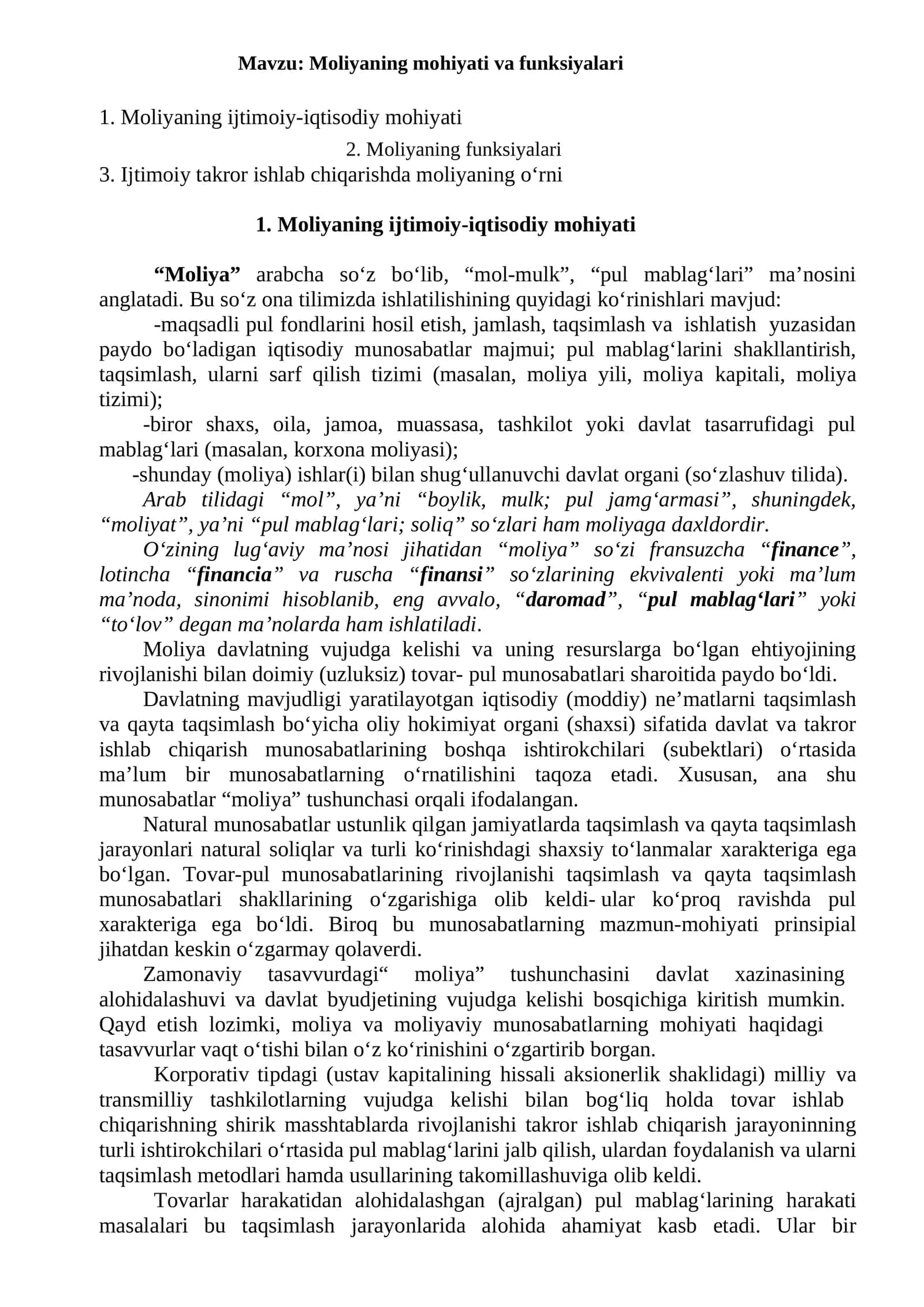 Moliyaning mohiyati va funksiyalari 1
