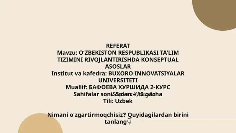 OʻZBEKISTON RESPUBLIKASI TA'LIM TIZIMINI RIVOJLANTIRISHDA KONSEPTUAL ASOSLAR 1