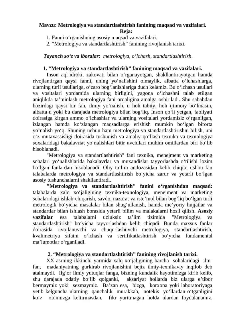 Metrologiya va standartlashtirish fanining maqsad va vazifalari 1