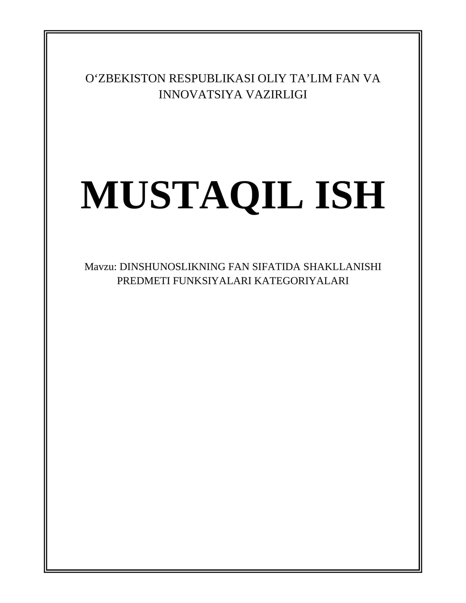DINSHUNOSLIKNING FAN SIFATIDA SHAKLLANISHI PREDMETI FUNKSIYALARI KATEGORIYALARI 1