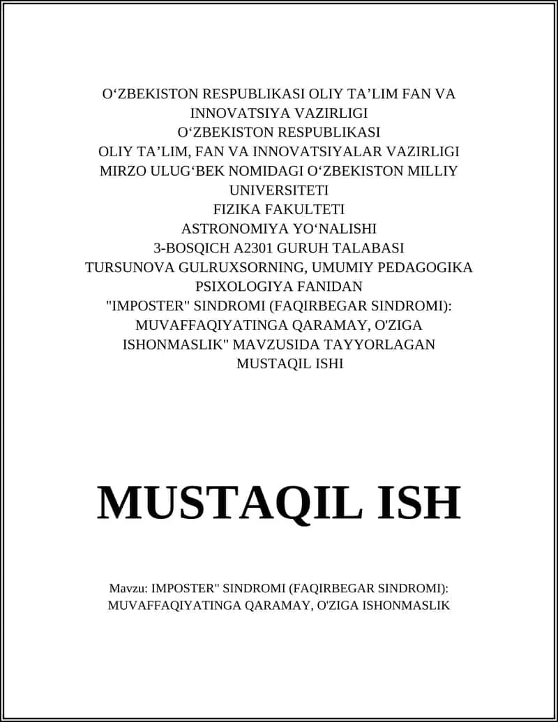 IMPOSTER SINDROMI (FAQIRBEGAR SINDROMI): MUVAFFAQIYATINGA QARAMAY, O'ZIGA ISHONMASLIK 1