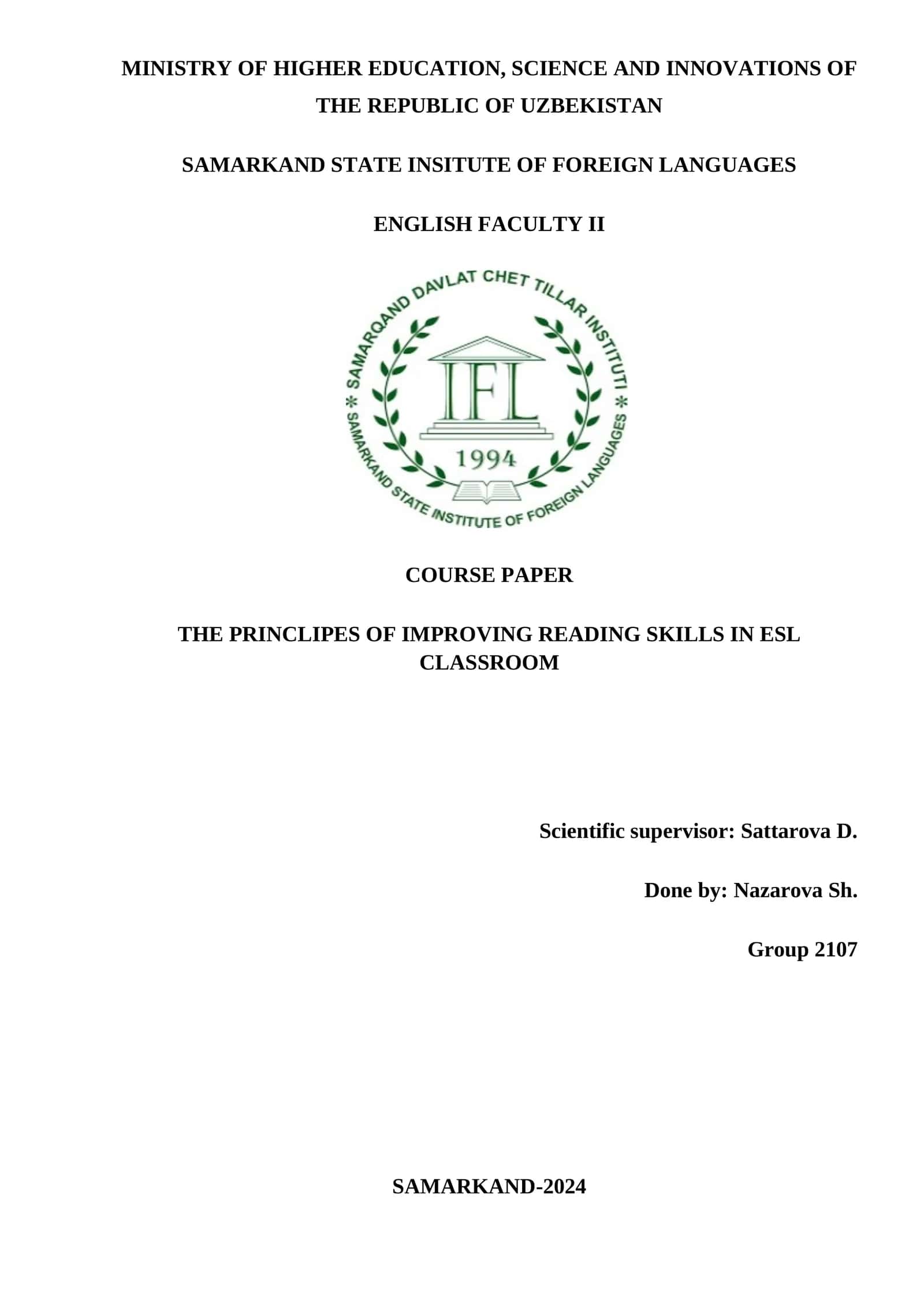 THE PRINCLIPES OF IMPROVING READING SKILLS IN ESL CLASSROOM 1