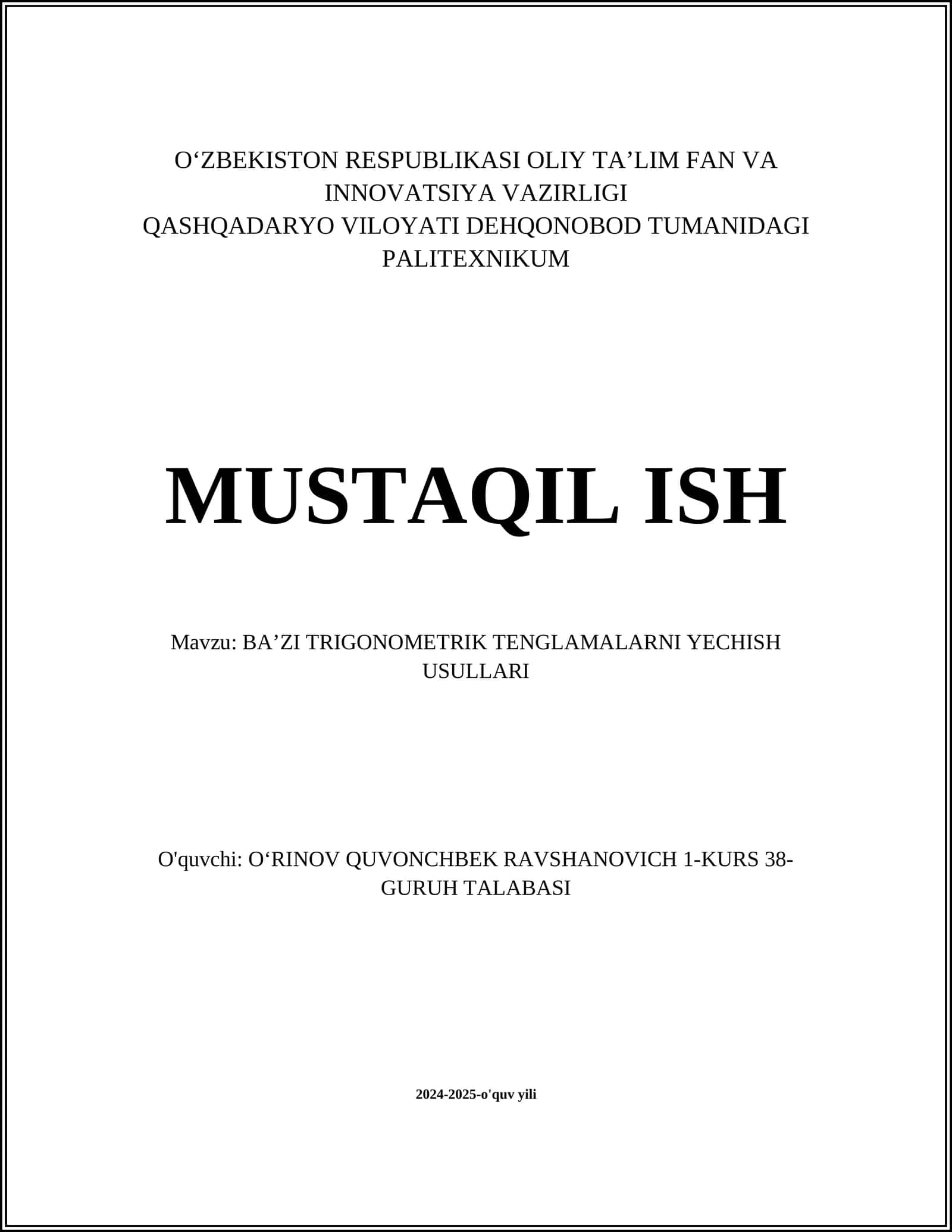 BAʼZI TRIGONOMETRIK TENGLAMALARNI YECHISH USULLARI 1