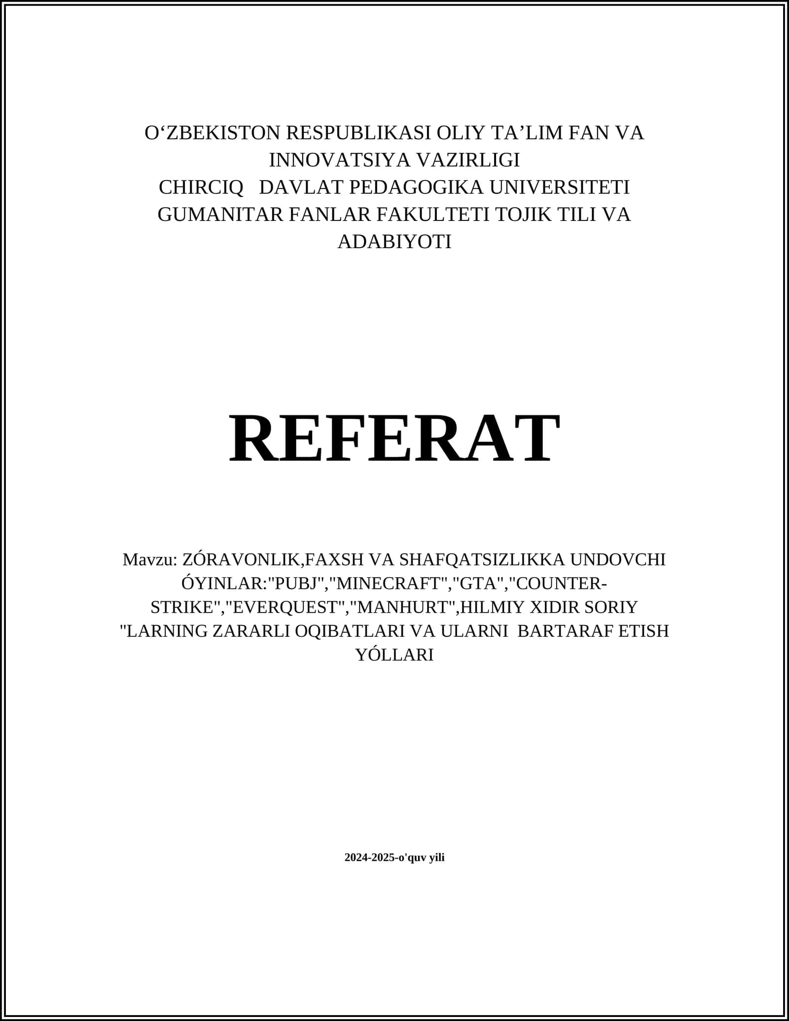 ZÓRAVONLIK,FAXSH VA SHAFQATSIZLIKKA UNDOVCHI ÓYINLAR 1