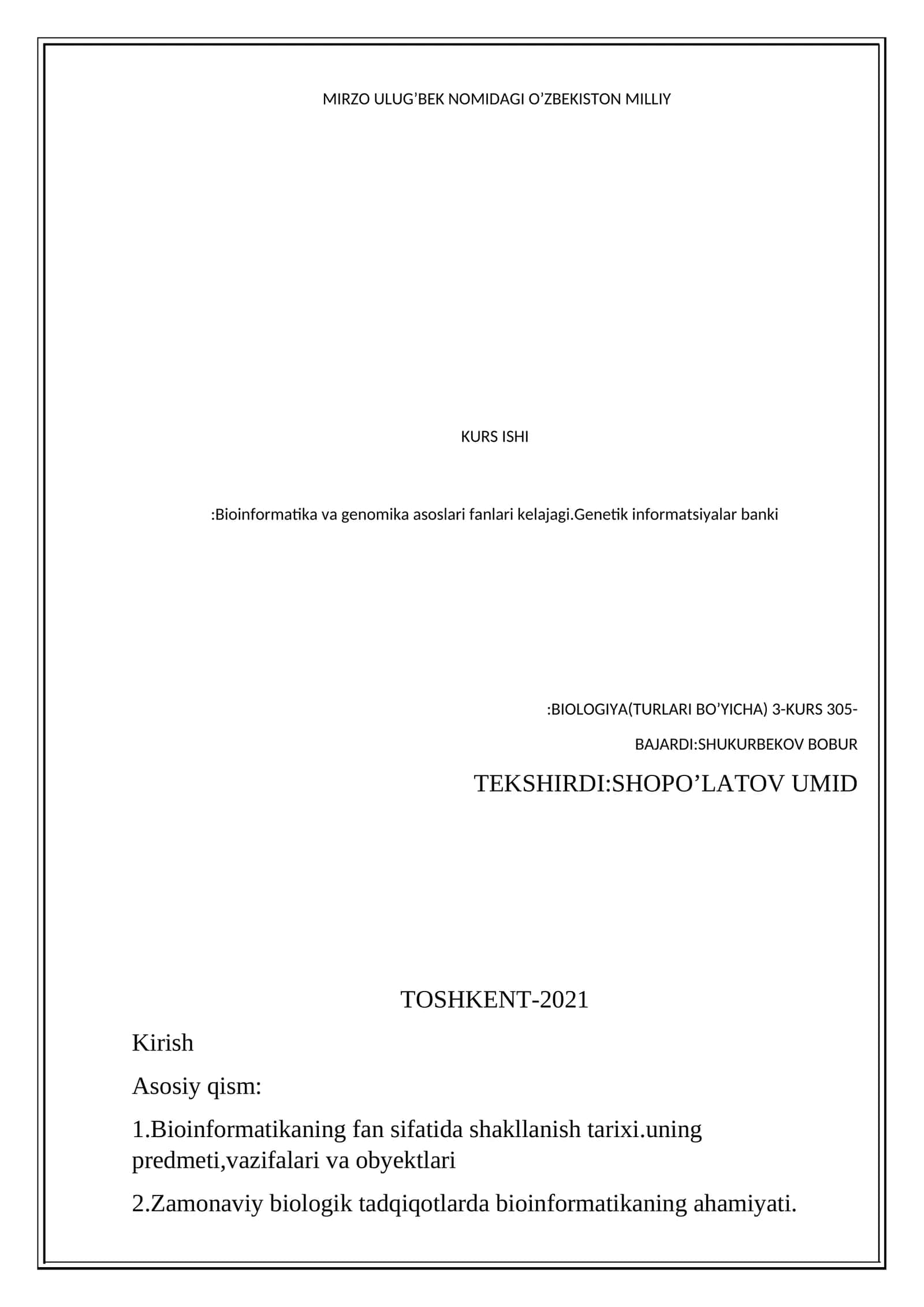 MIRZO ULUG’BEK NOMIDAGI O’ZBEKISTON MILLI KURS ISHI:Bioinformatika va genomika asoslari 1