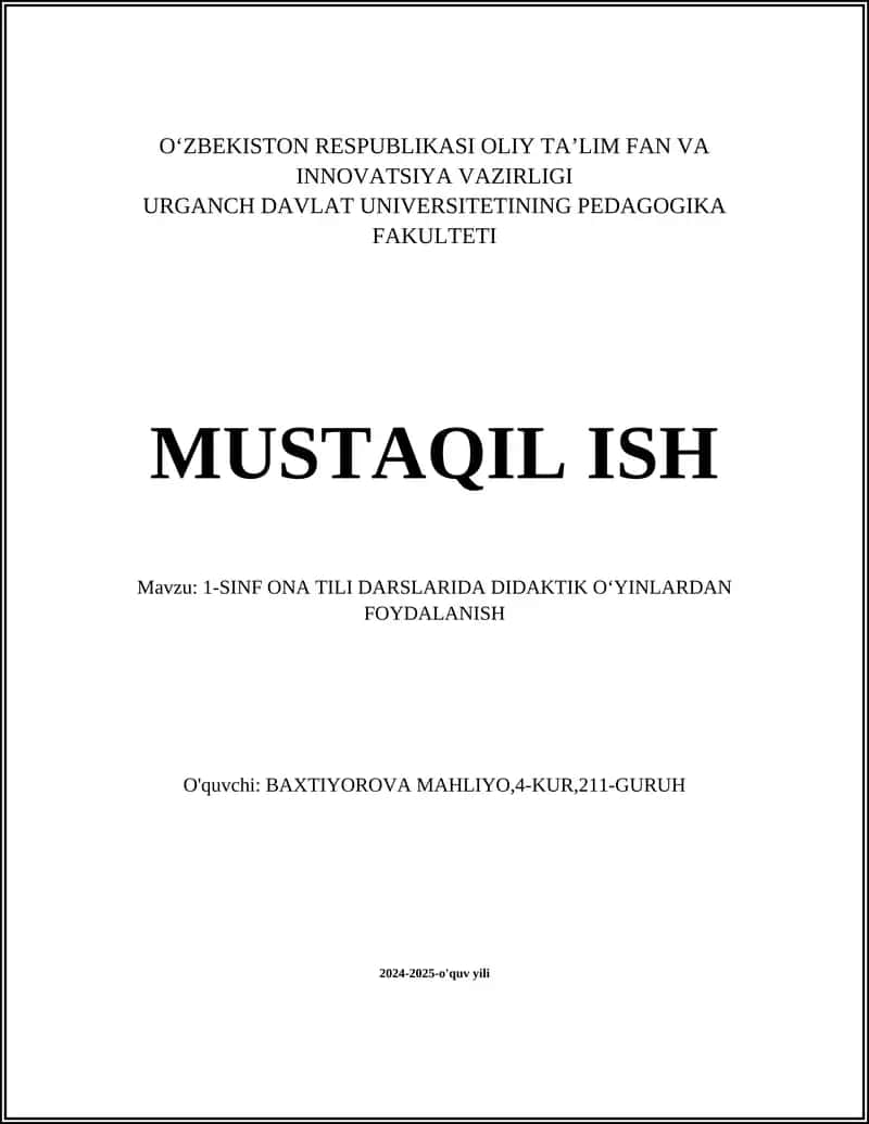 1-SINF ONA TILI DARSLARIDA DIDAKTIK OʻYINLARDAN FOYDALANISH 1
