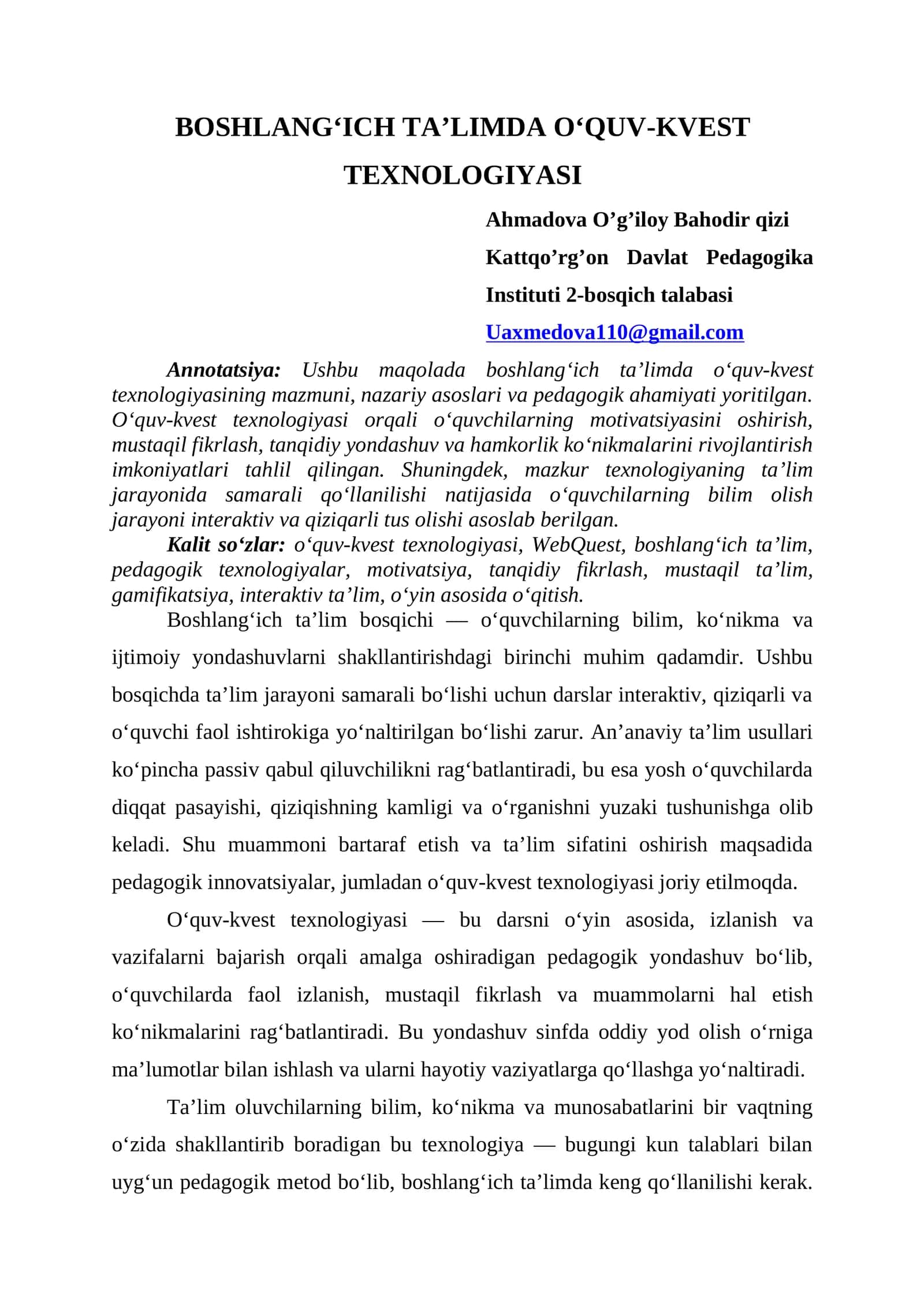 BOSHLANG‘ICH TAʼLIMDA O‘QUVKVEST TEXNOLOGIYASI 1