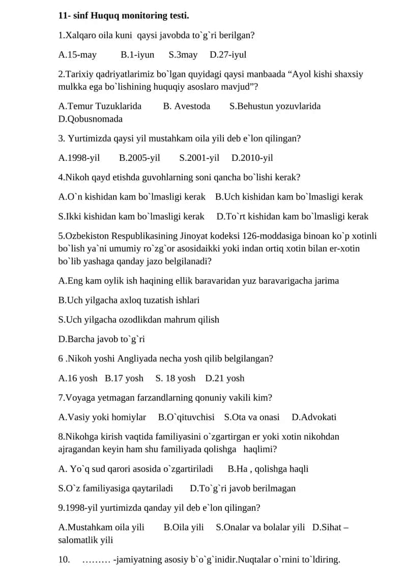 11- sinf Huquq monitoring testi. 1