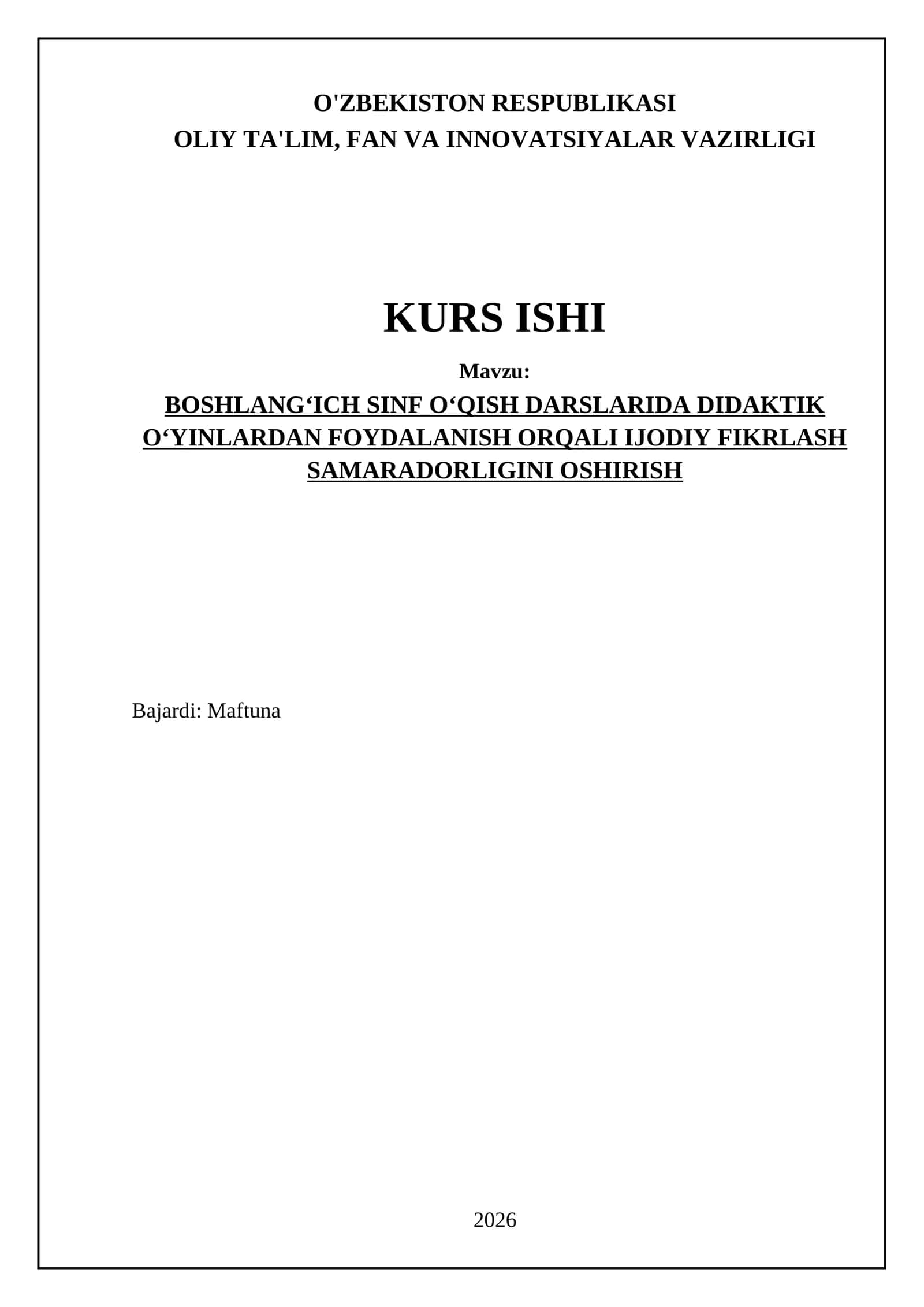BOSHLANG‘ICH SINF O‘QISH DARSLARIDA DIDAKTIK O‘YINLARDAN FOYDALANISH ORQALI IJODIY FIKRLASH SAMARADORLIGINI OSHIRISH 1
