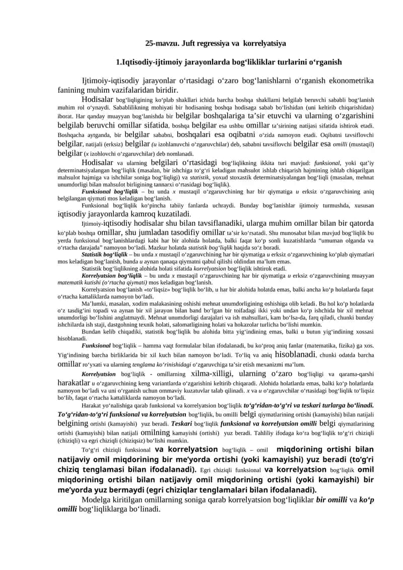 25-mavzu. Juft regressiya va korrelyatsiya 1