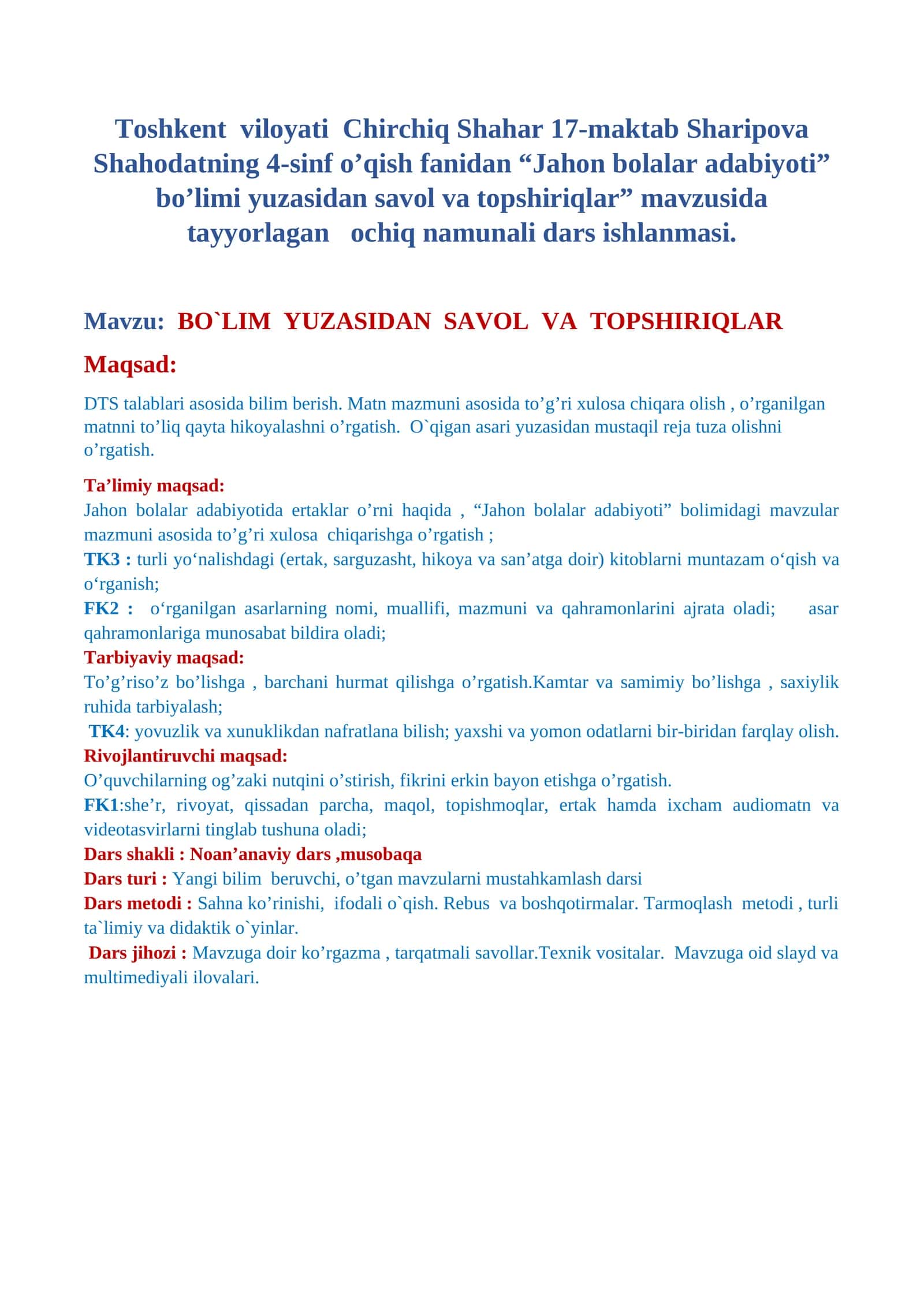 BO`LIM YUZASIDAN SAVOL VA TOPSHIRIQLAR 1