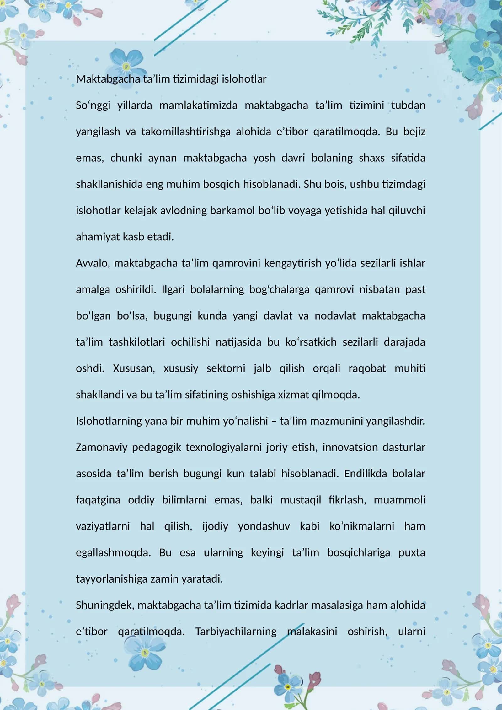 Maktabgacha taʼlim tizimidagi islohotlar 1