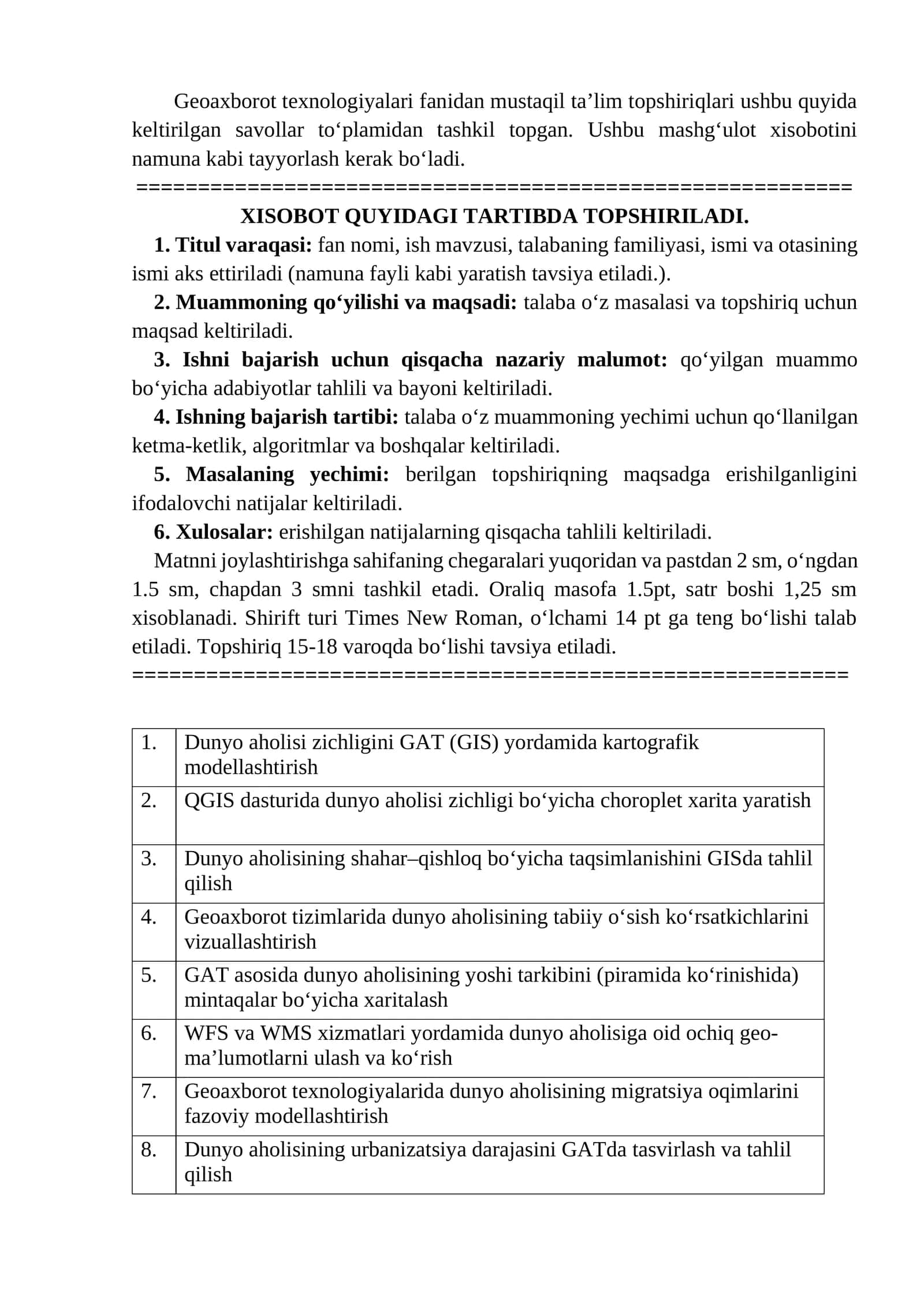 Geoaxborot texnologiyalari fanidan mustaqil ta’lim topshiriqlari 1