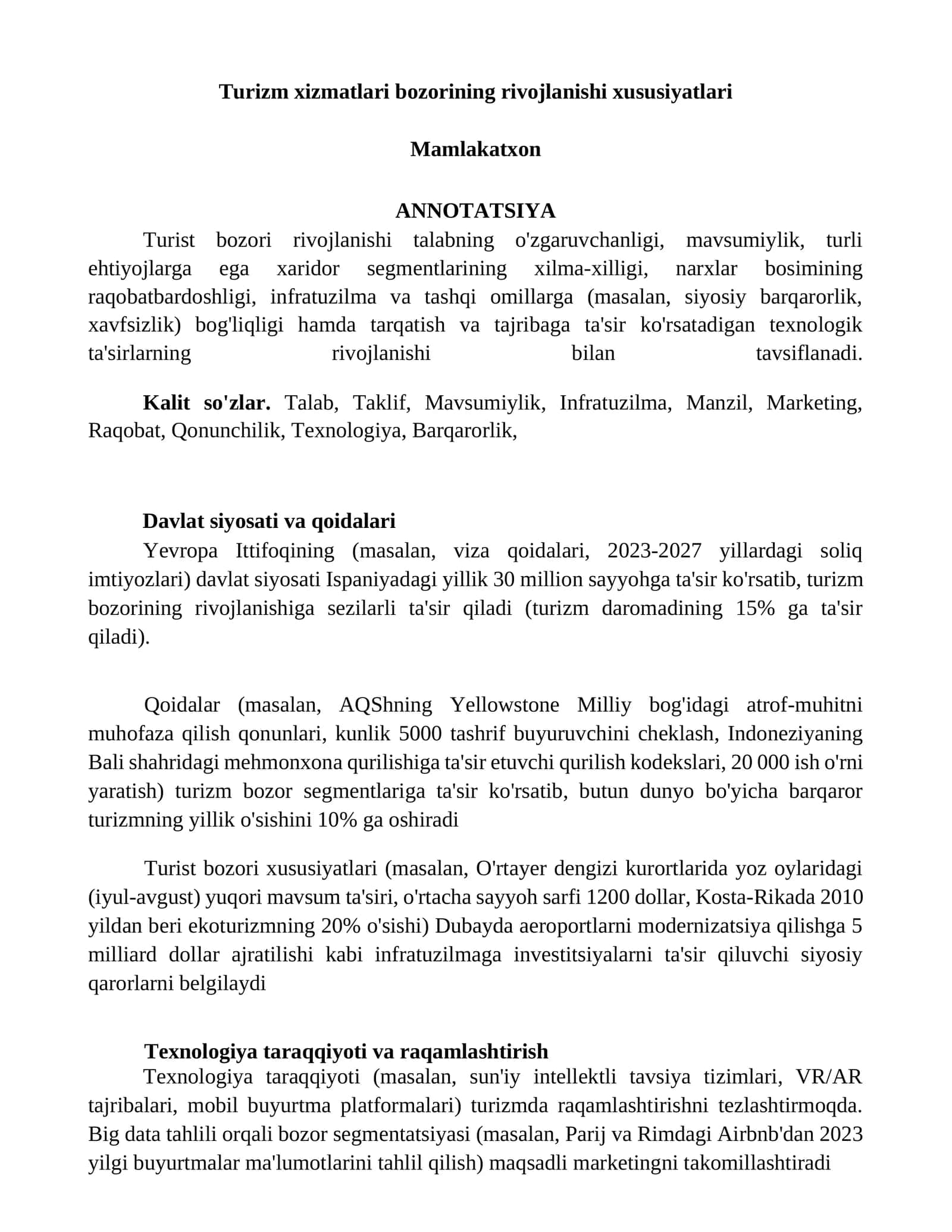 Turizm xizmatlari bozorining rivojlanishi xususiyatlari 1