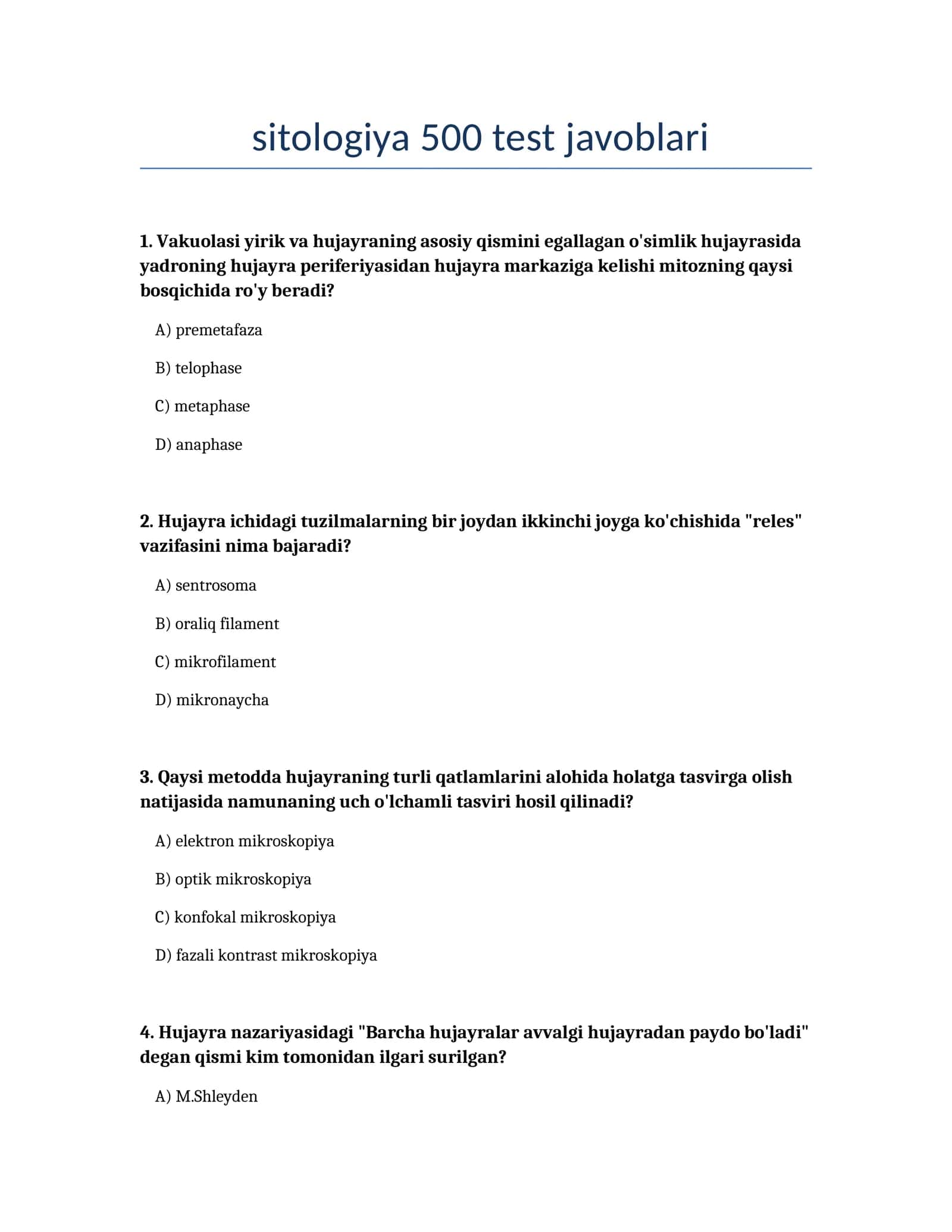 Sitologiya 500 test javoblari 1