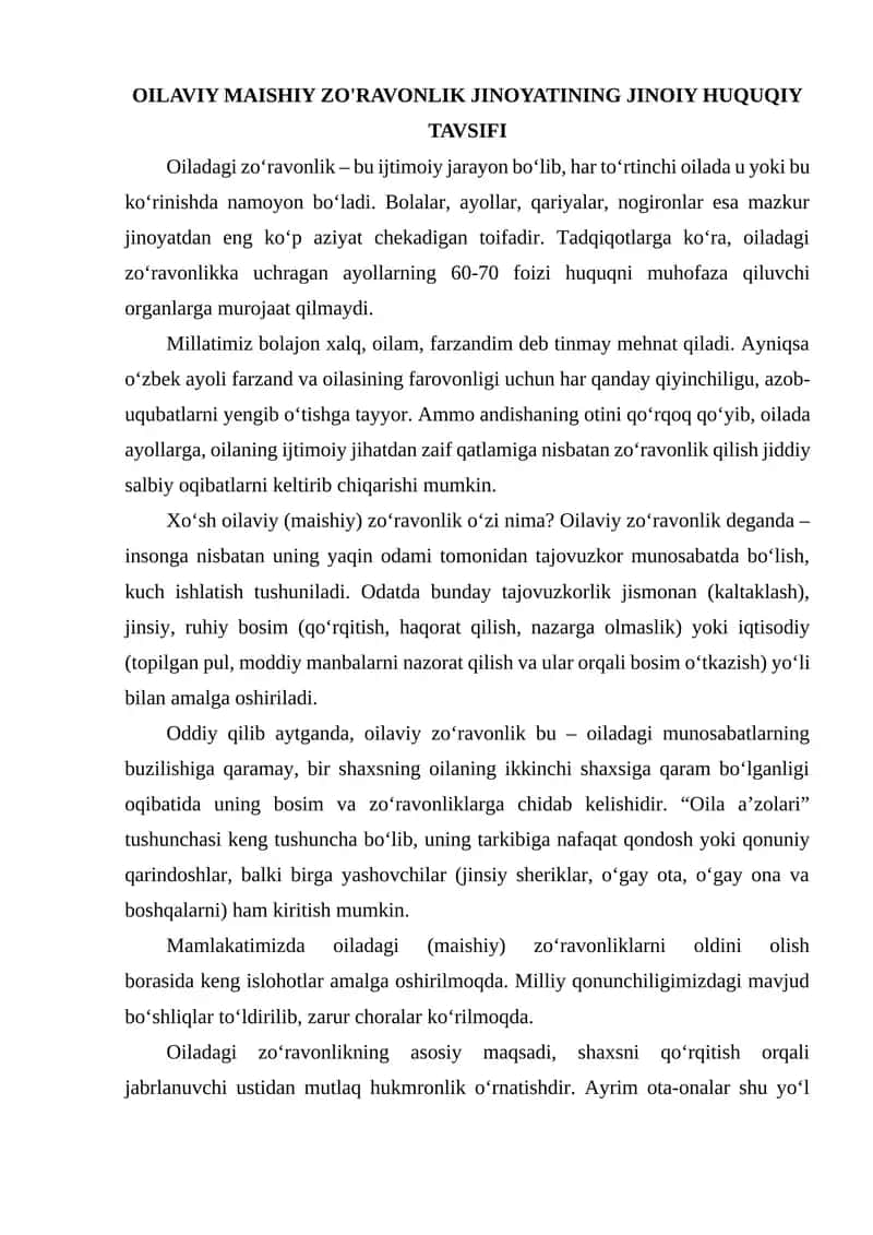 Oilaviy Maishiy Zo'ravonlik Jinoiyatining Jinoiy Huquqiy Tavsifi 1
