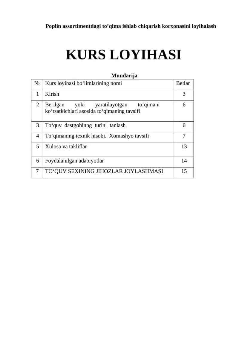 Poplin assortimentdagi to’qima ishlab chiqarish korxonasini loyihalash KURS LOYIHASI 1