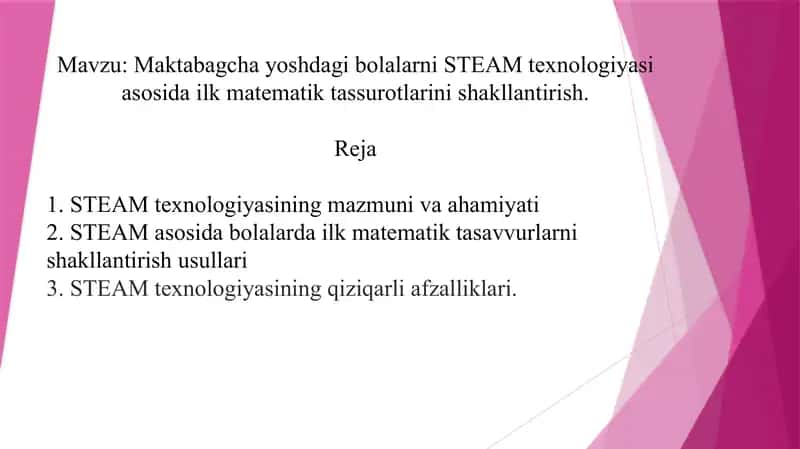 Maktabagcha yoshdagi bolalarni STEAM texnologiyasi asosida ilk matematik tassurotlarini shakllantirish. 1
