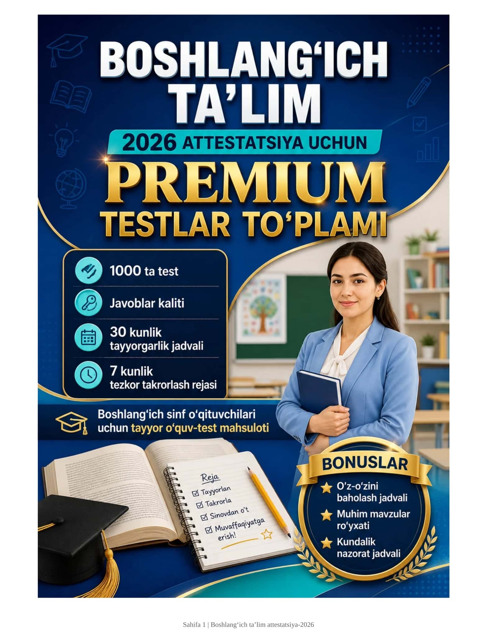 Maktabgacha ta’lim tarbiyachilari uchun 2026 attestatsiyaga tayyor premium testlar to‘plami: 1000 ta test, javoblar kaliti va 30 kunlik tayyorgarlik jadvali bilan 1