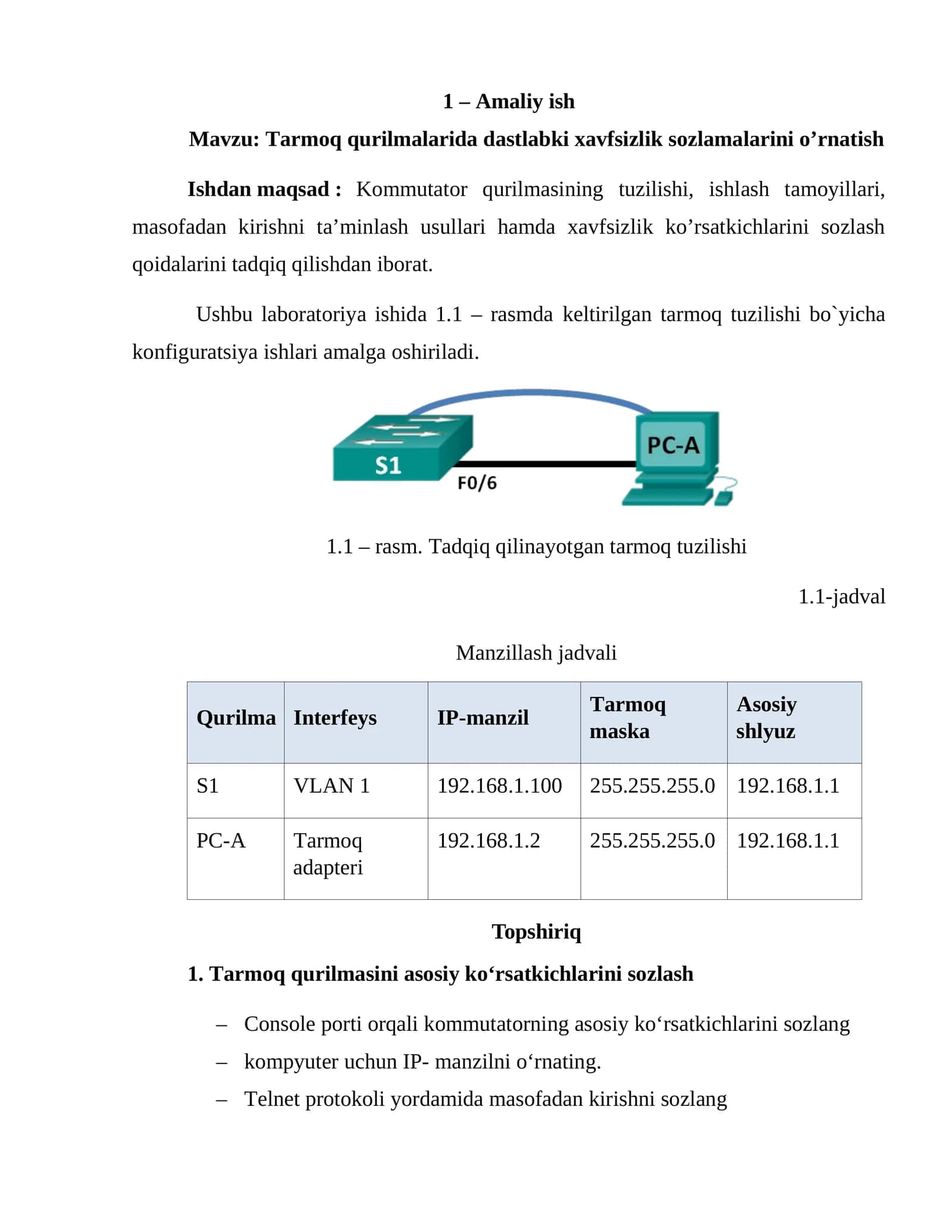 Tarmoq qurilmalarida dastlabki xavfsizlik sozlamalarini o’rnatish 1