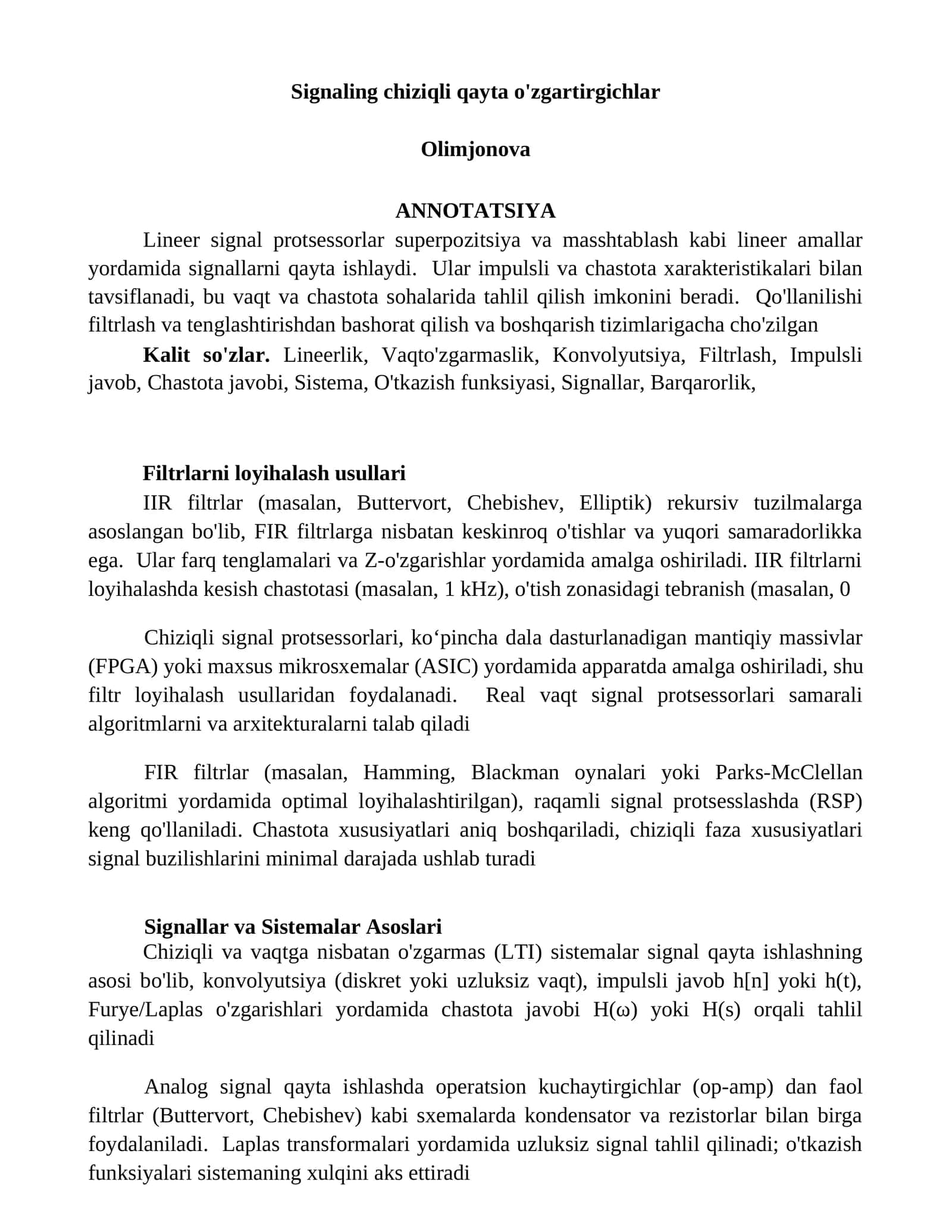 Signaling chiziqli qayta o'zgartirgichlar 1