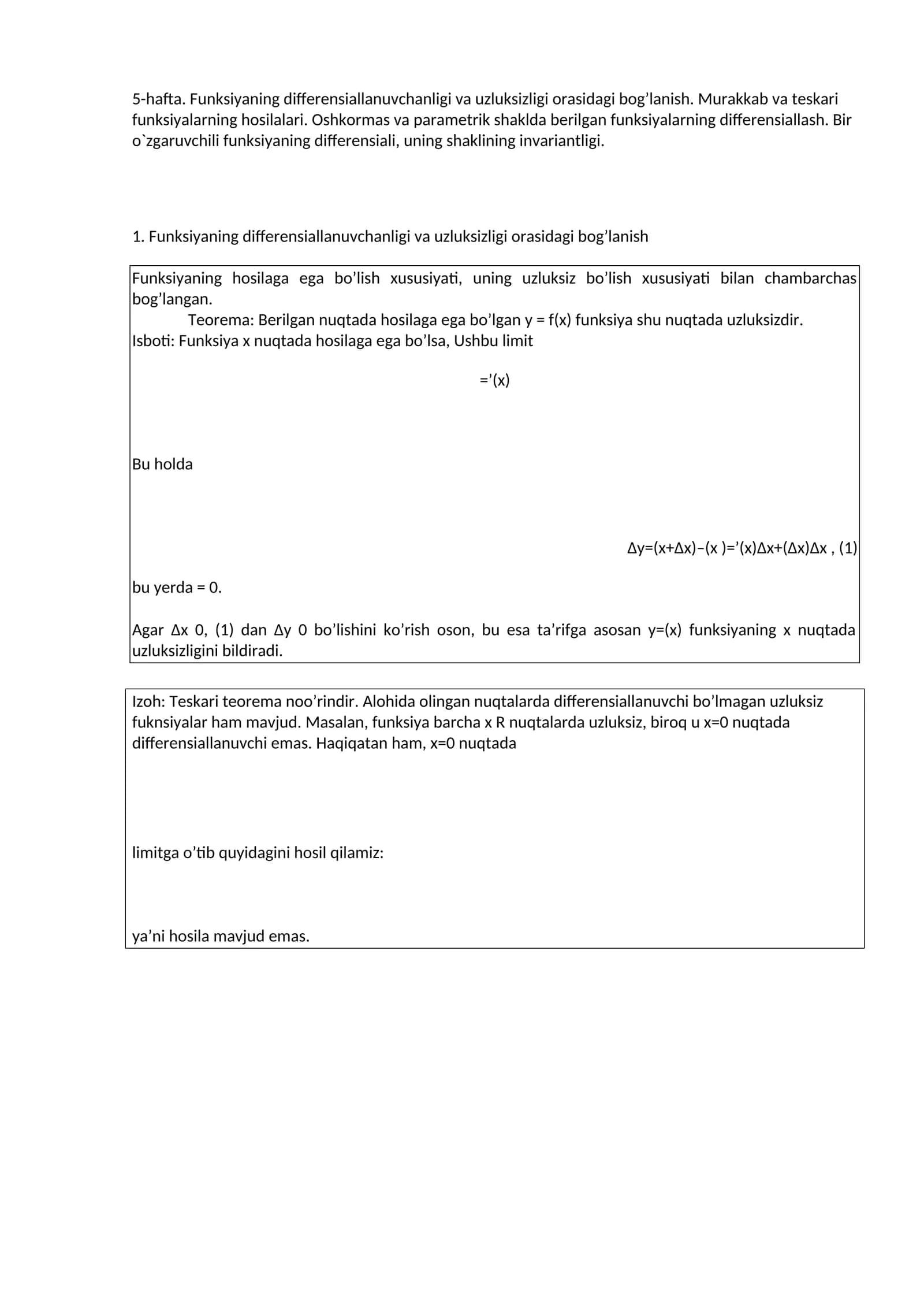Funksiyaning differensiallanuvchanligi va uzluksizligi orasidagi bog’lanish 1