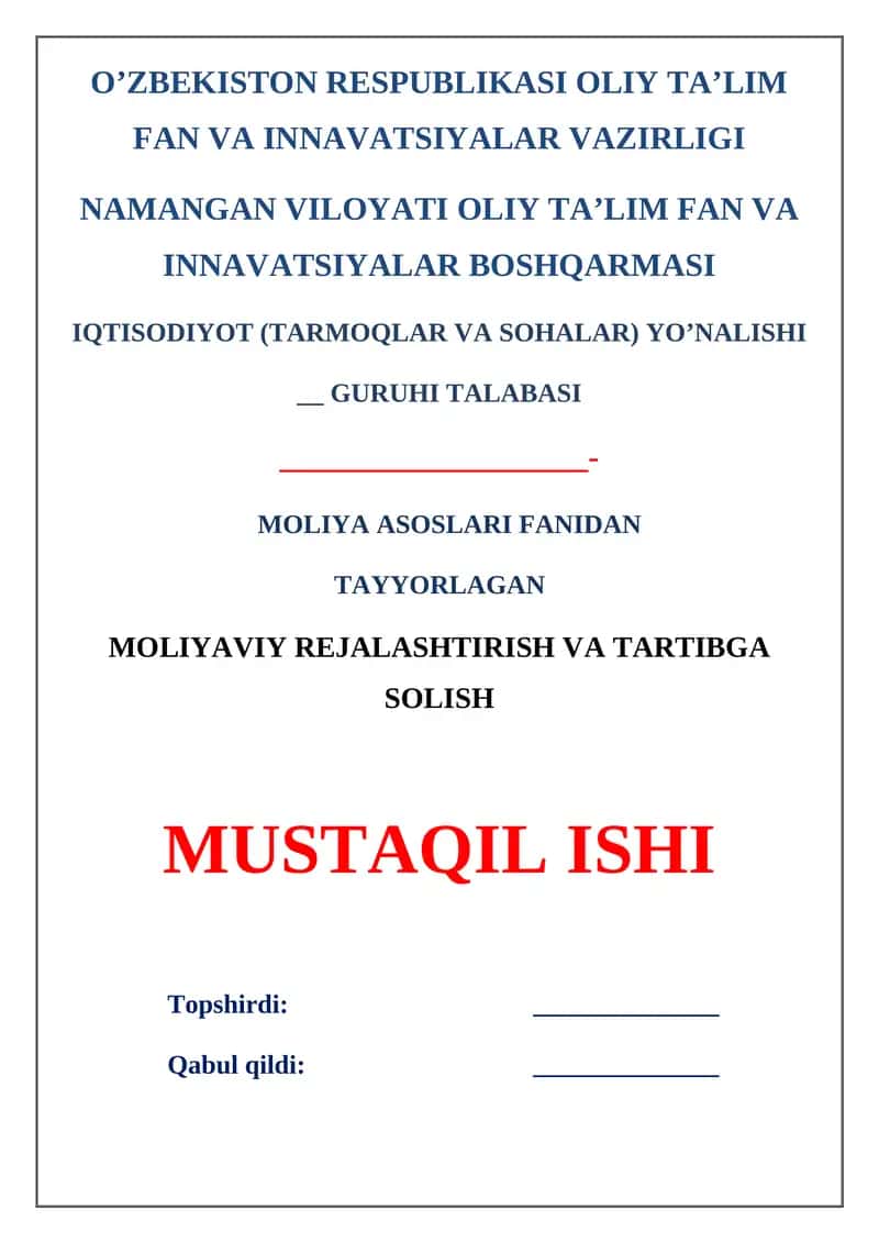 Moliyaviy rejalashtirish va tartibga solish 1