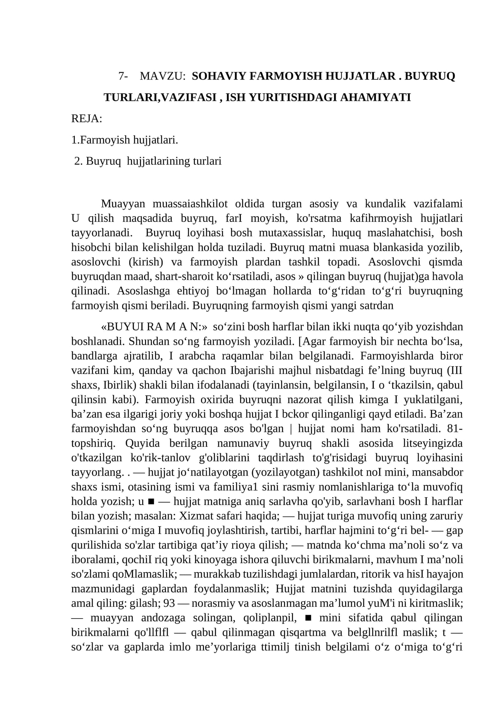 SOHAVIY FARMOYISH HUJJATLARI. BUYRUQ TURLARI, VAZIFASI, ISH YURITISHDAGI AHAMIYATI 1