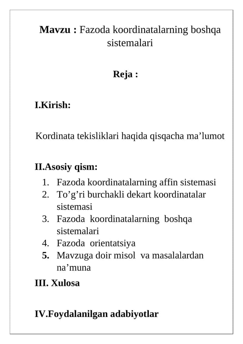 Fazoda koordinatalarning boshqa sistemalari 1