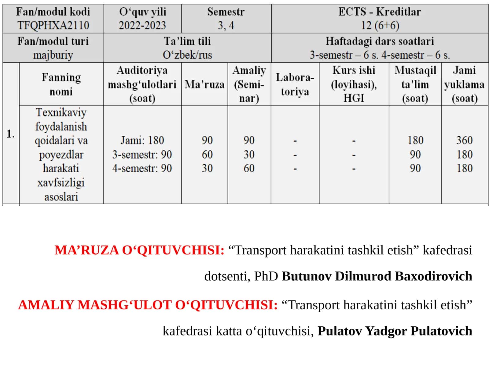 MA’RUZA O‘QITUVCHISI:“Transportharakatinitashkiletish”kafedrasidotsenti,PhDButunov Dilmurod Baxodirovich 1