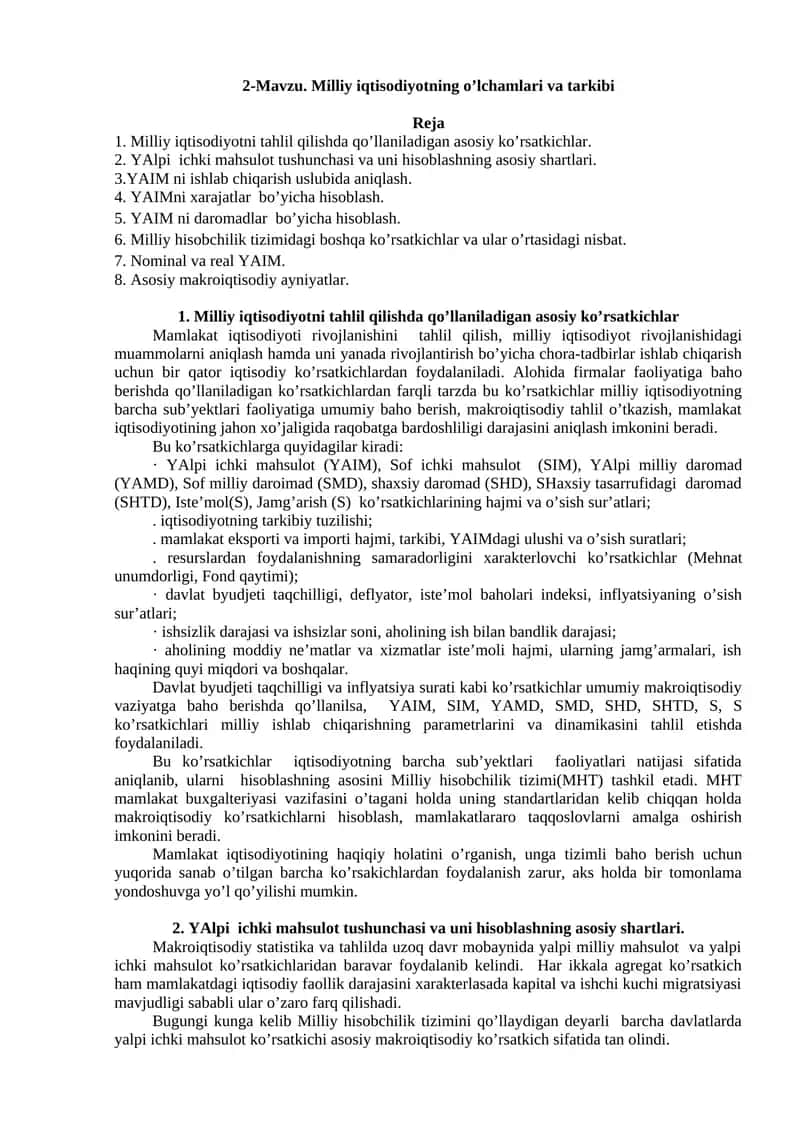 Milliy iqtisodiyotning oʼlchamlari va tarkibi 1