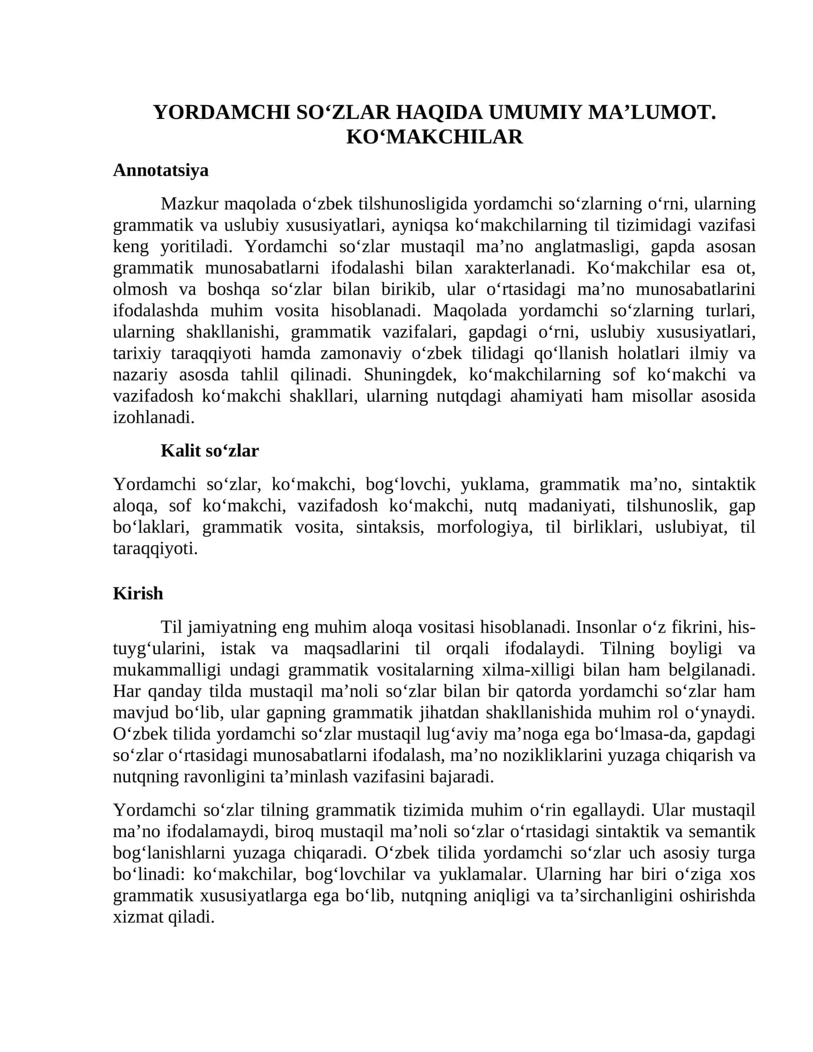 YORDAMCHI SOʻZLAR HAQIDA UMUMIY MA’LUMOT 1