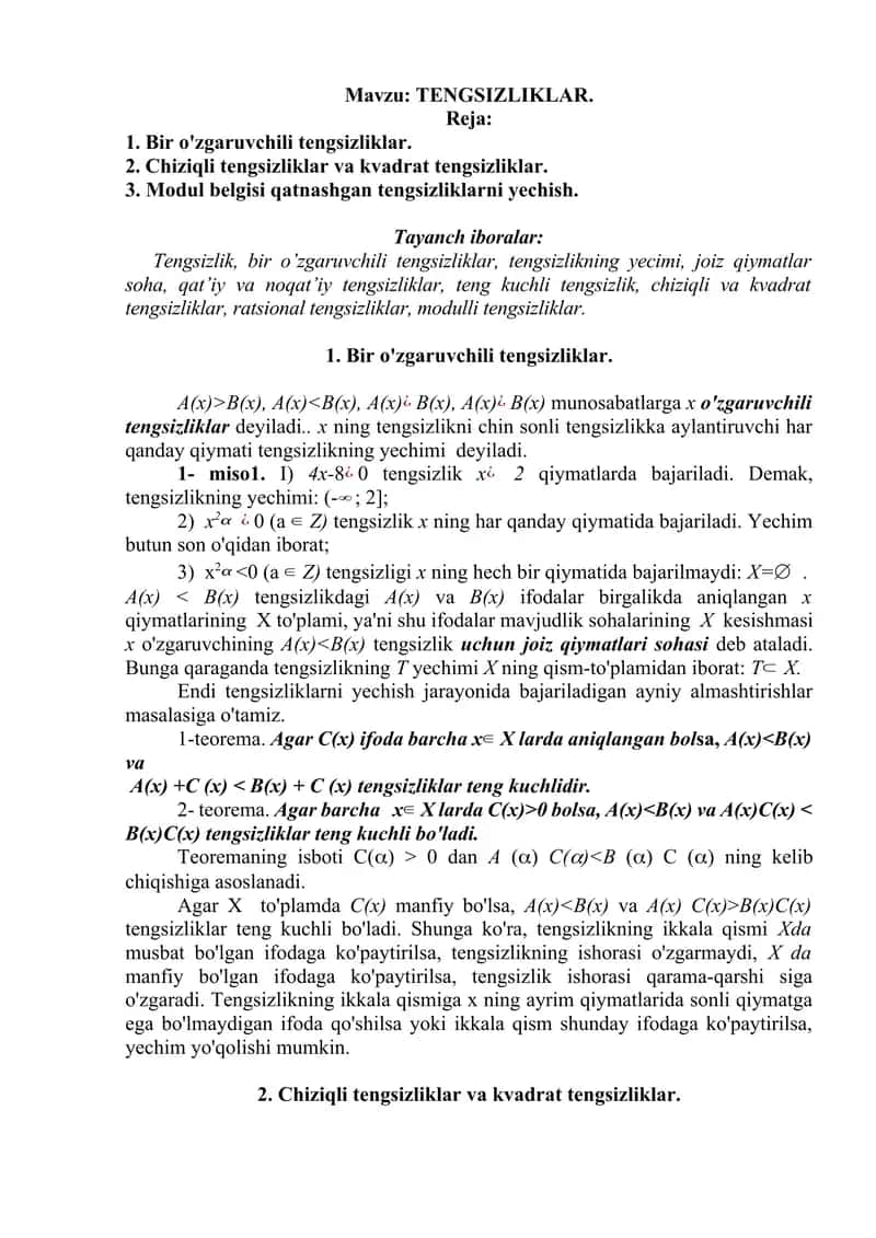 TENGSIZLIKLAR. 1