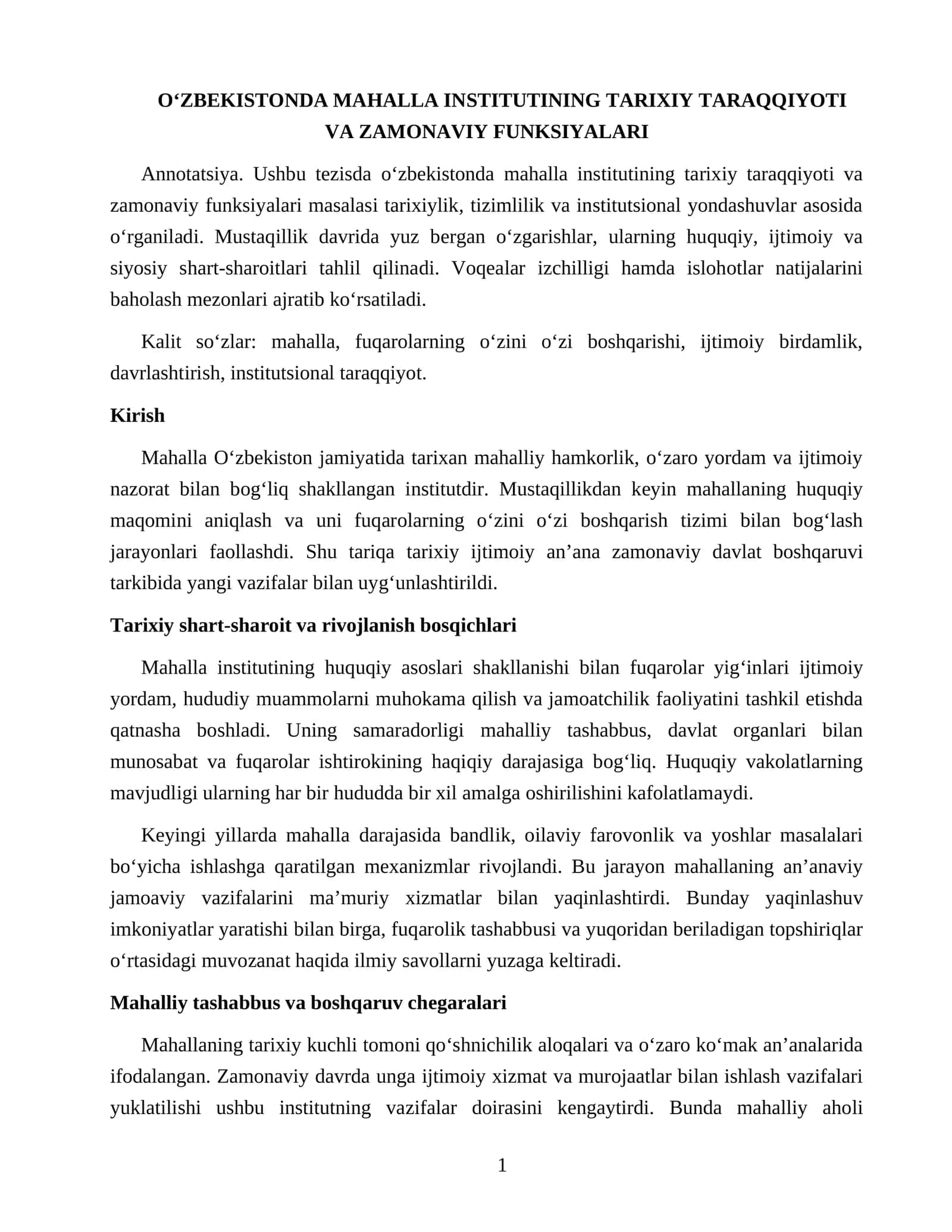 O‘ZBEKISTONDA MAHALLA INSTITUTINING TARIXIY TARAQQIYOTI VA ZAMONAVIY FUNKSIYALARI 1