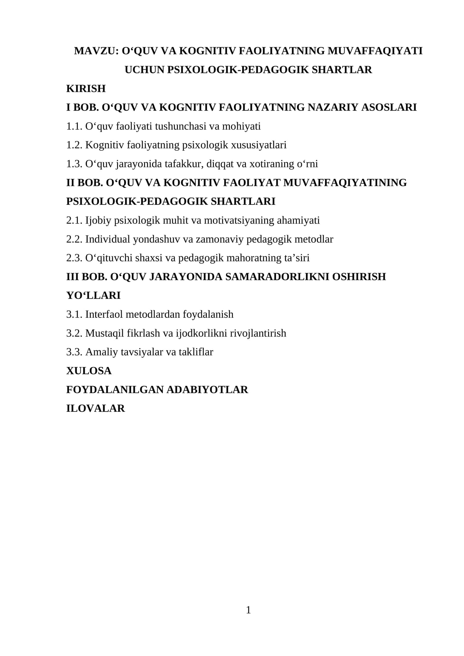 O‘QUV VA KOGNITIV FAOLIYATNING MUVAFFAQIYATI UCHUN PSIXOLOGIK-PEDAGOGIK SHARTLAR 1