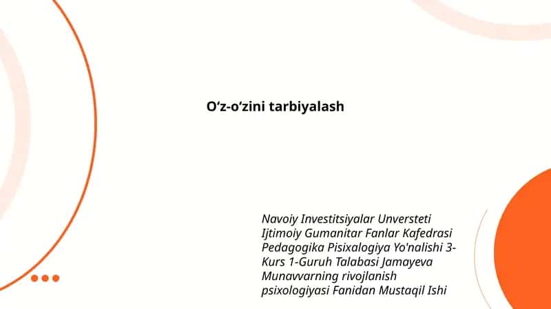 Navoiy Investitsiyalar Universtiti Pedagogika Pisixologiya Yo'nalishi 3-Kurs Talabasi Jamayeva Munavvarning rivojlanish psixologiyasi Fanidan Mustaqil Ishi 1
