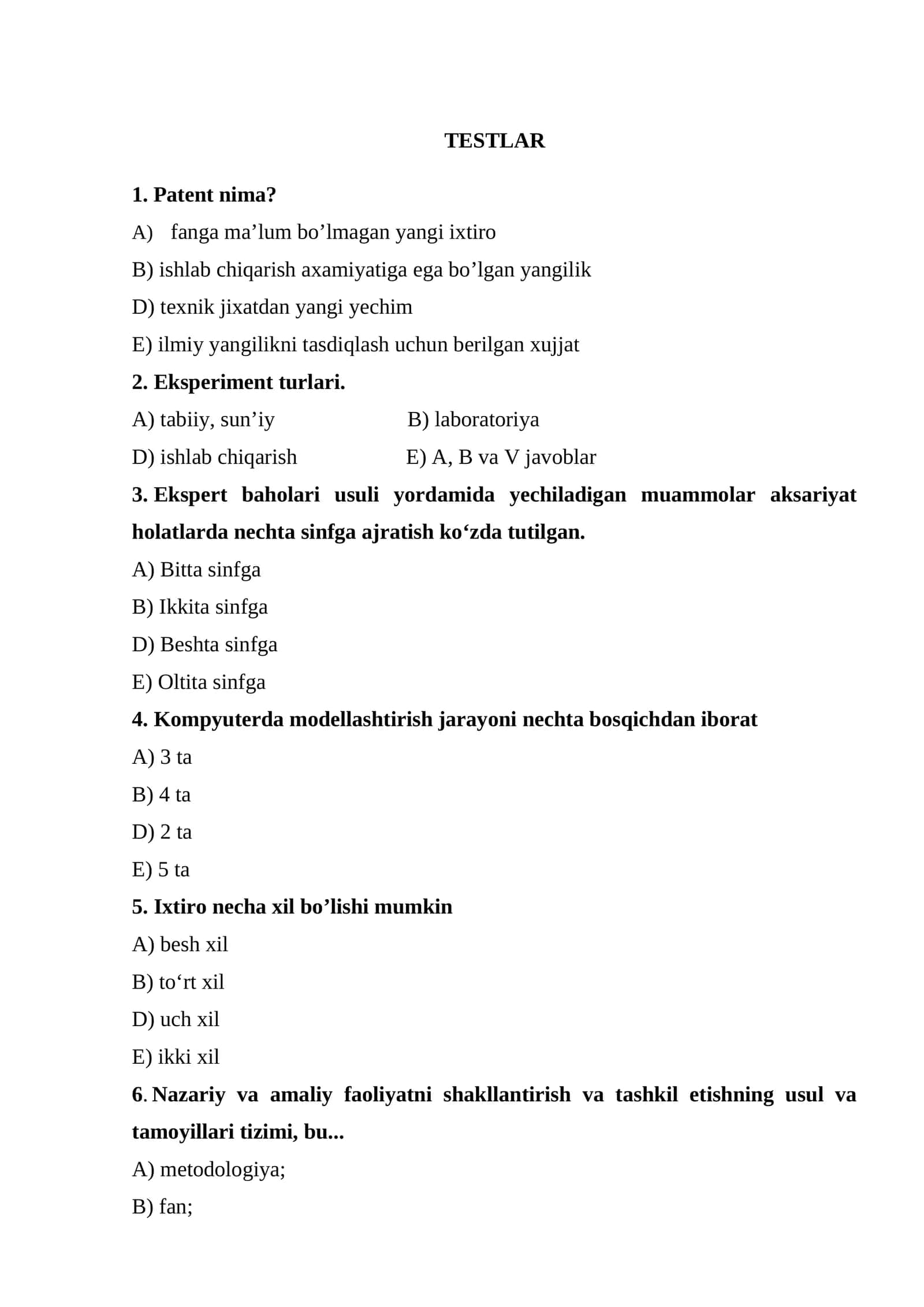 TESTLAR mashinasozlik patent va h.k boshqa mavzular boyicha 1