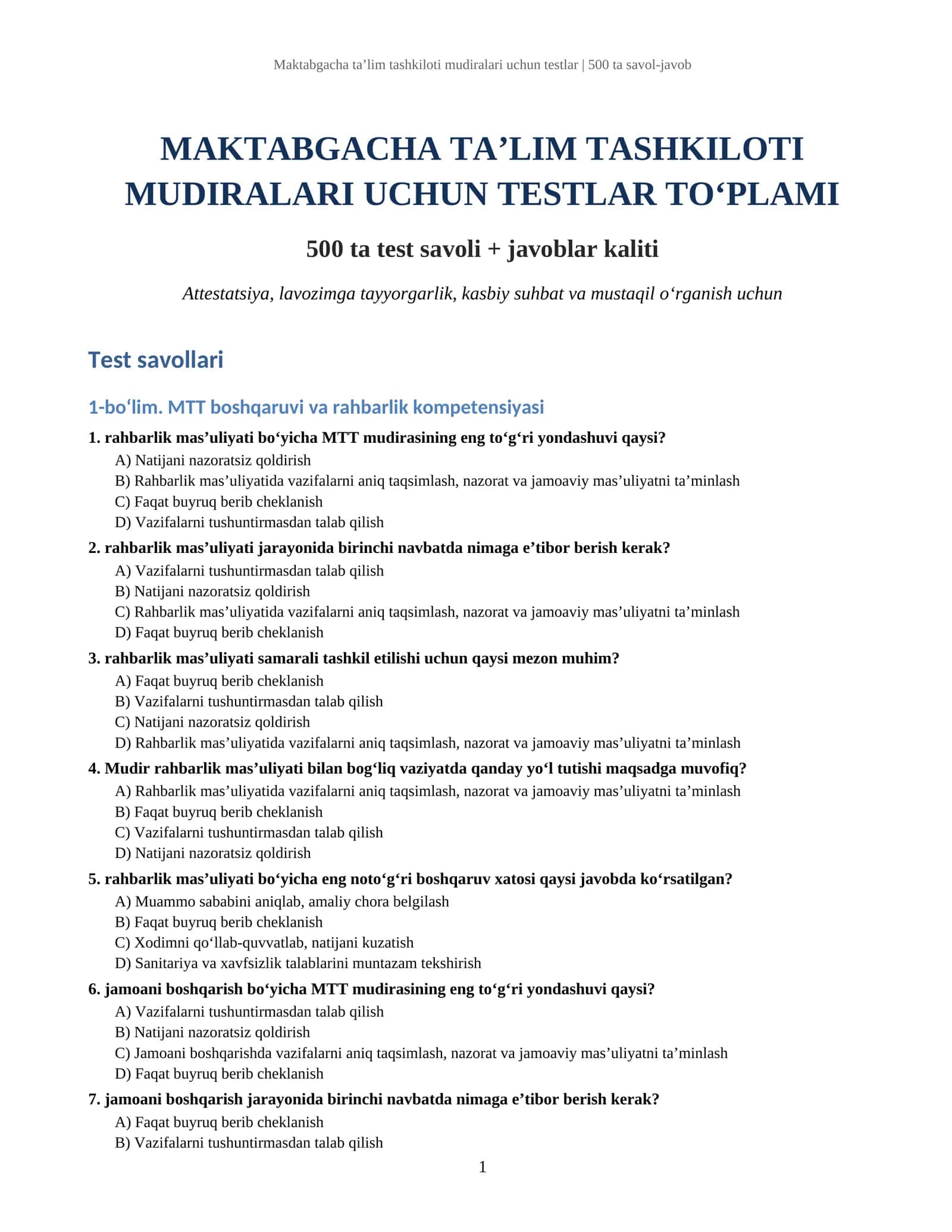 Maktabgacha ta’lim tashkiloti mudiralari uchun testlar | 500 ta savol-javob 1