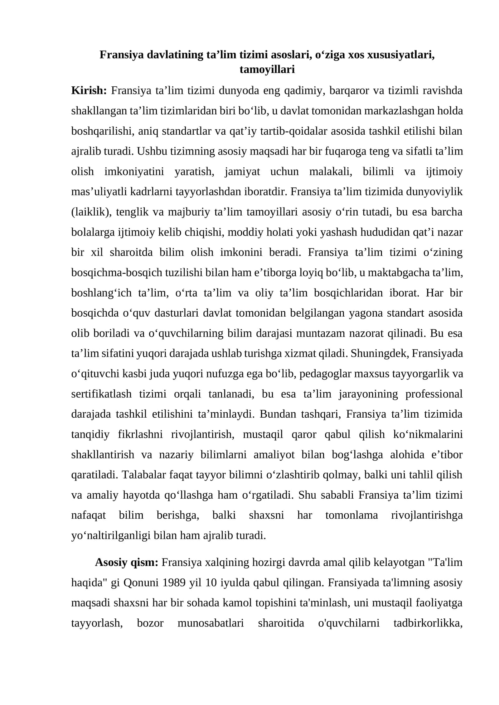 Fransiya ta’lim tizimi asoslari 1