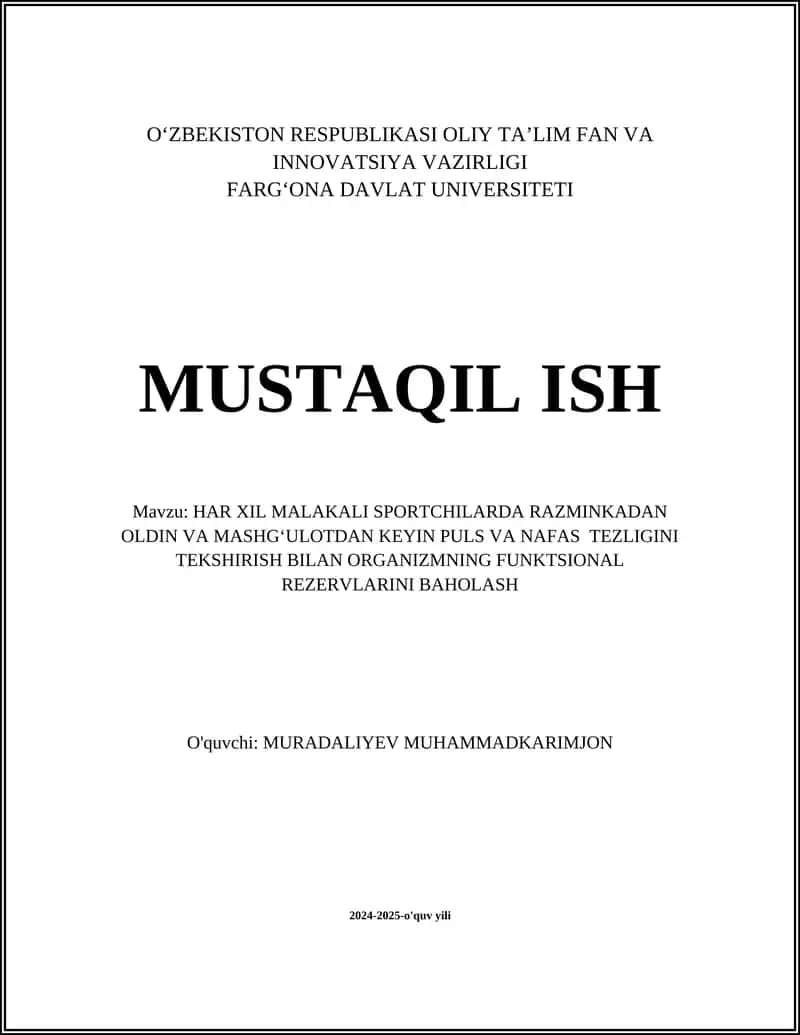 HAR XIL MALAKALI SPORTCHILARDA RAZMINKADAN OLDIN VA MASHGʻULOTDAN KEYIN PULS VA NAFAS TEZLIGINI TEKSHIRISH BILAN ORGANIZMNING FUNKTSIONAL REZERVLARINI BAHOLASH 1