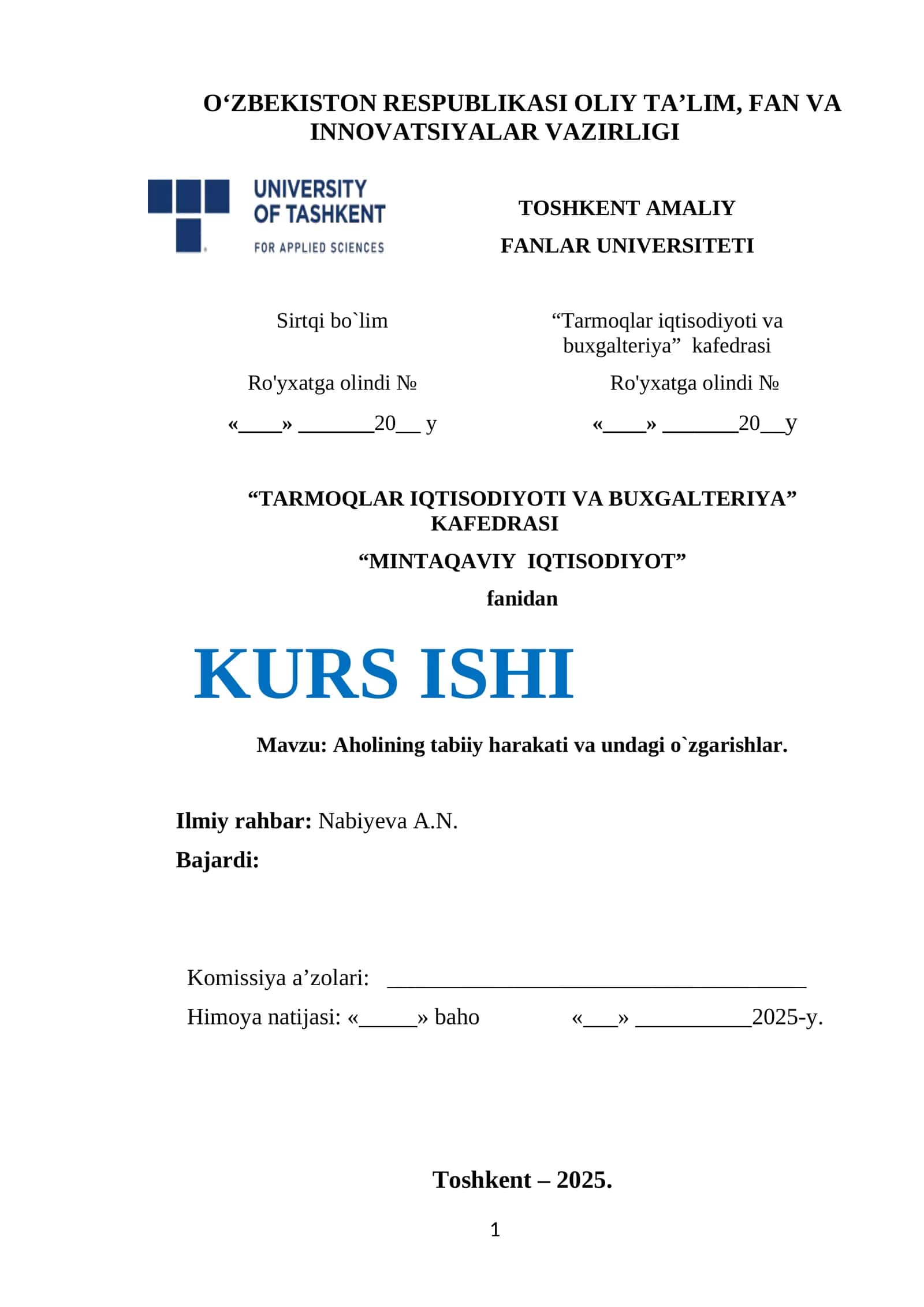 MINTAQAVIY IQTISODIYOT KURS ISHI 1