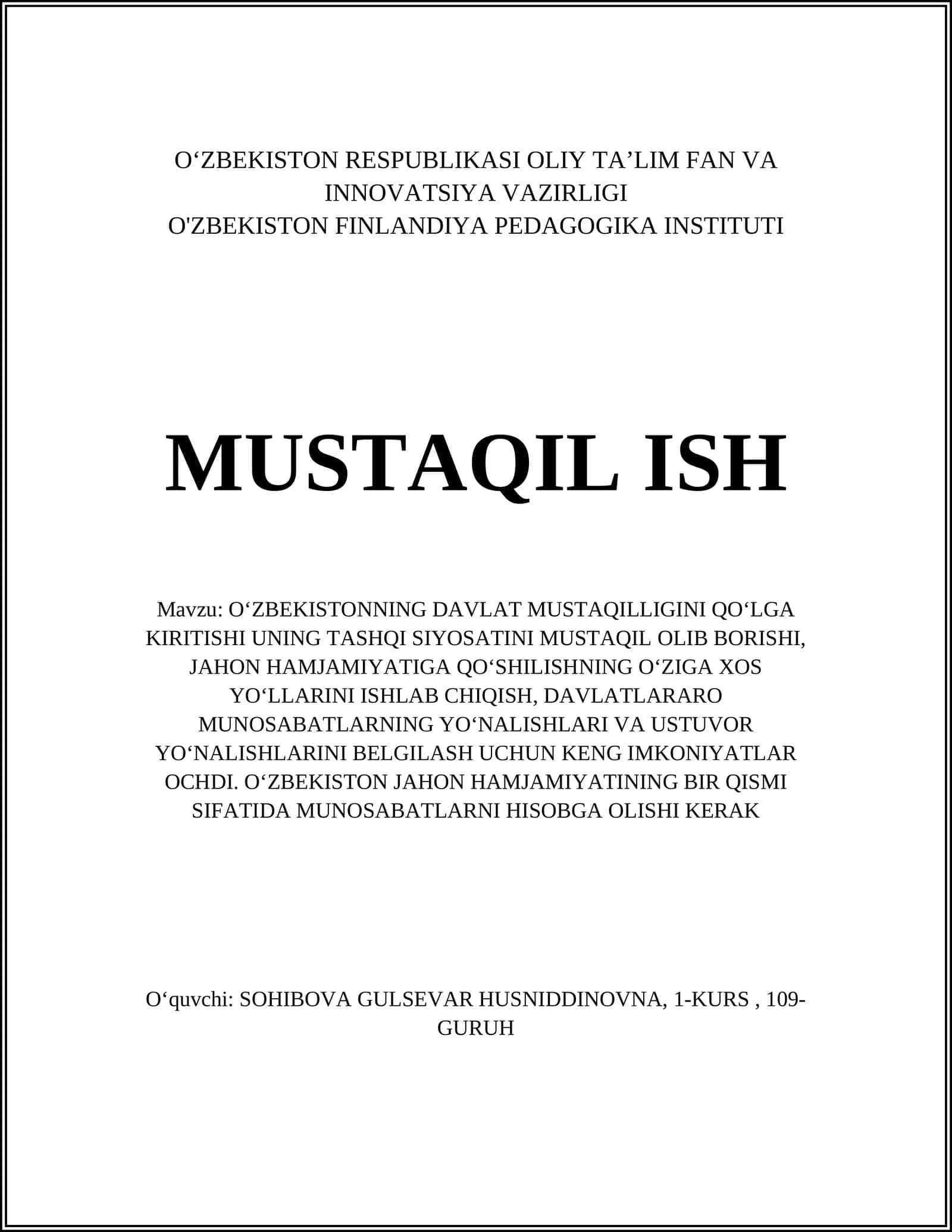 O'zbekistonning Davlat Mustaqilligini Qo'lga Kiritishi 1