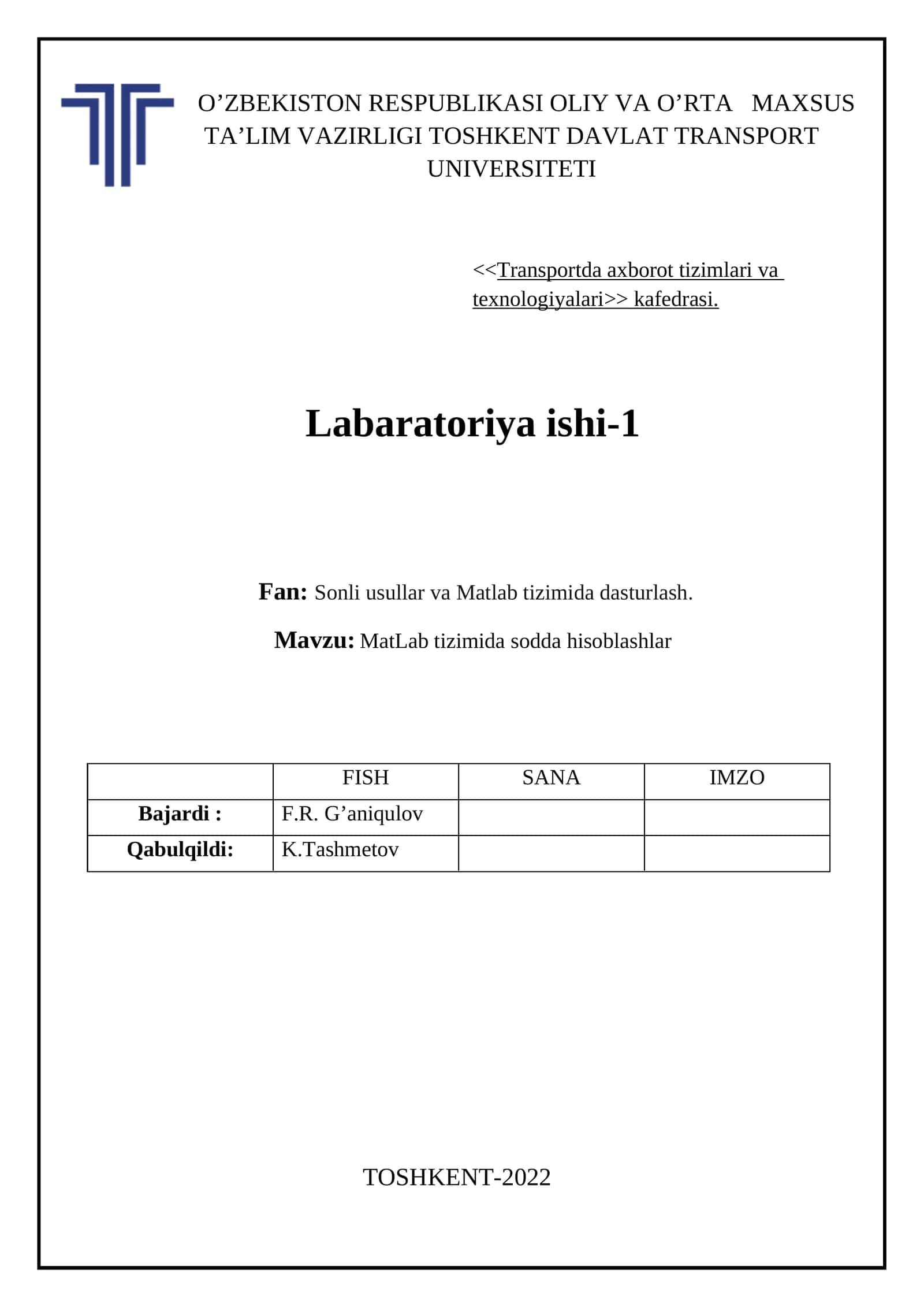 MatLab tizimida sodda hisoblashlar 1