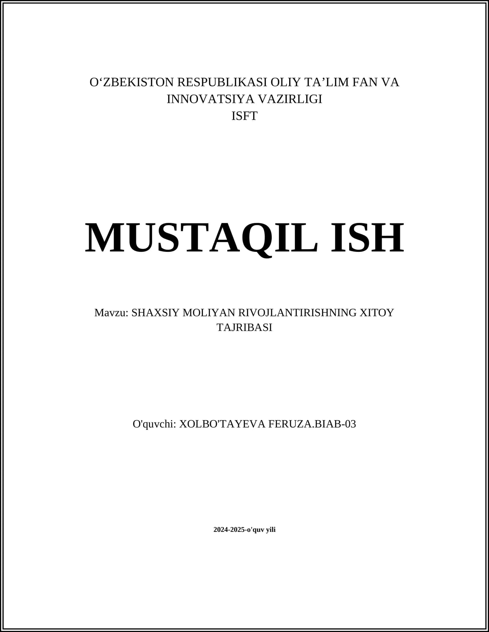SHAXSIY MOLIYAN RIVOJLANTIRISHNING XITOY TAJRIBASI 1